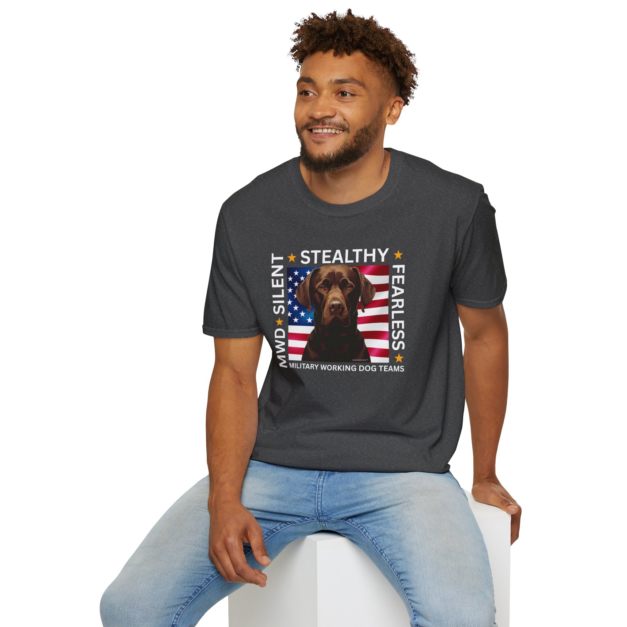 Military Working Dog T-Shirt — "MWD Silent • Stealthy • Fearless" American Flag K9 Tribute - Chocolate Lab - Image 11