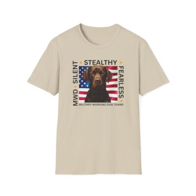 Military Working Dog T-Shirt — “MWD Silent • Stealthy • Fearless” American Flag K9 Tribute – Chocolate Lab