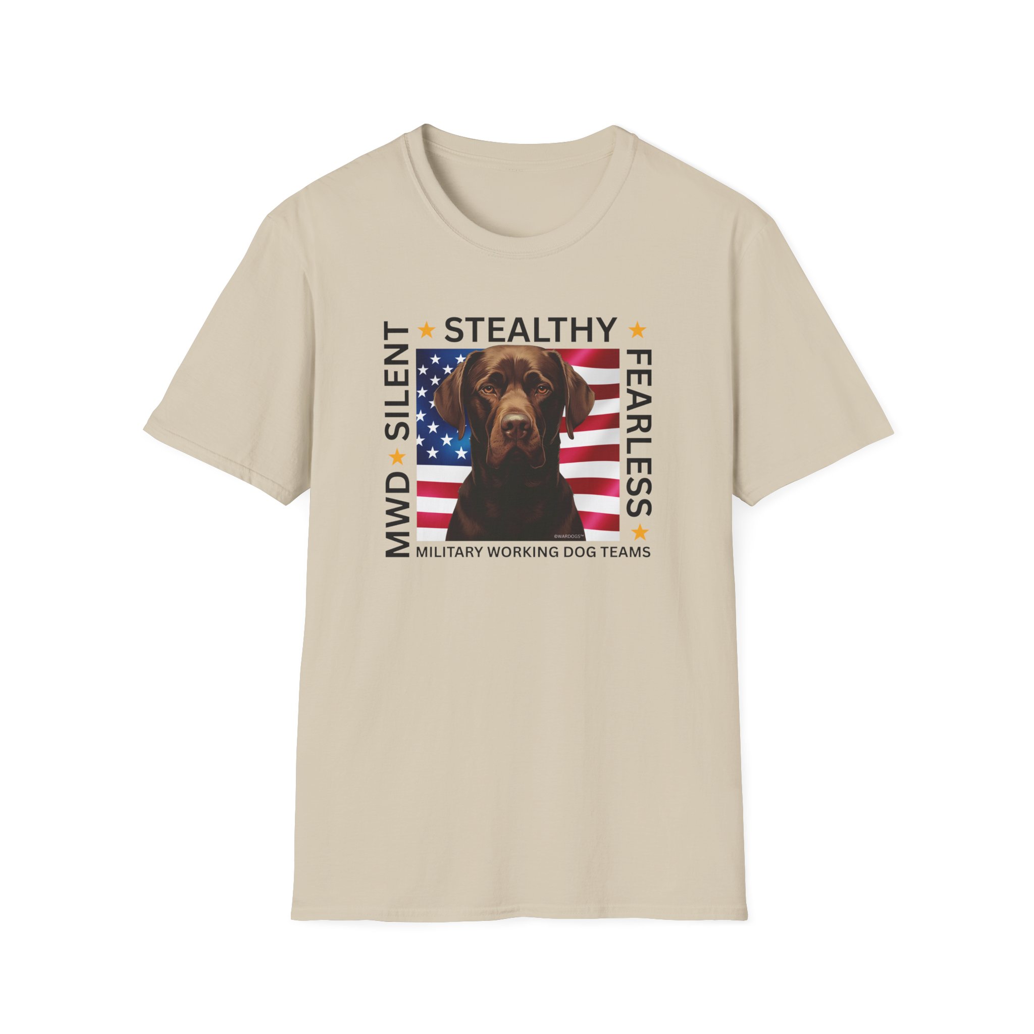 Military Working Dog T-Shirt — "MWD Silent • Stealthy • Fearless" American Flag K9 Tribute - Chocolate Lab