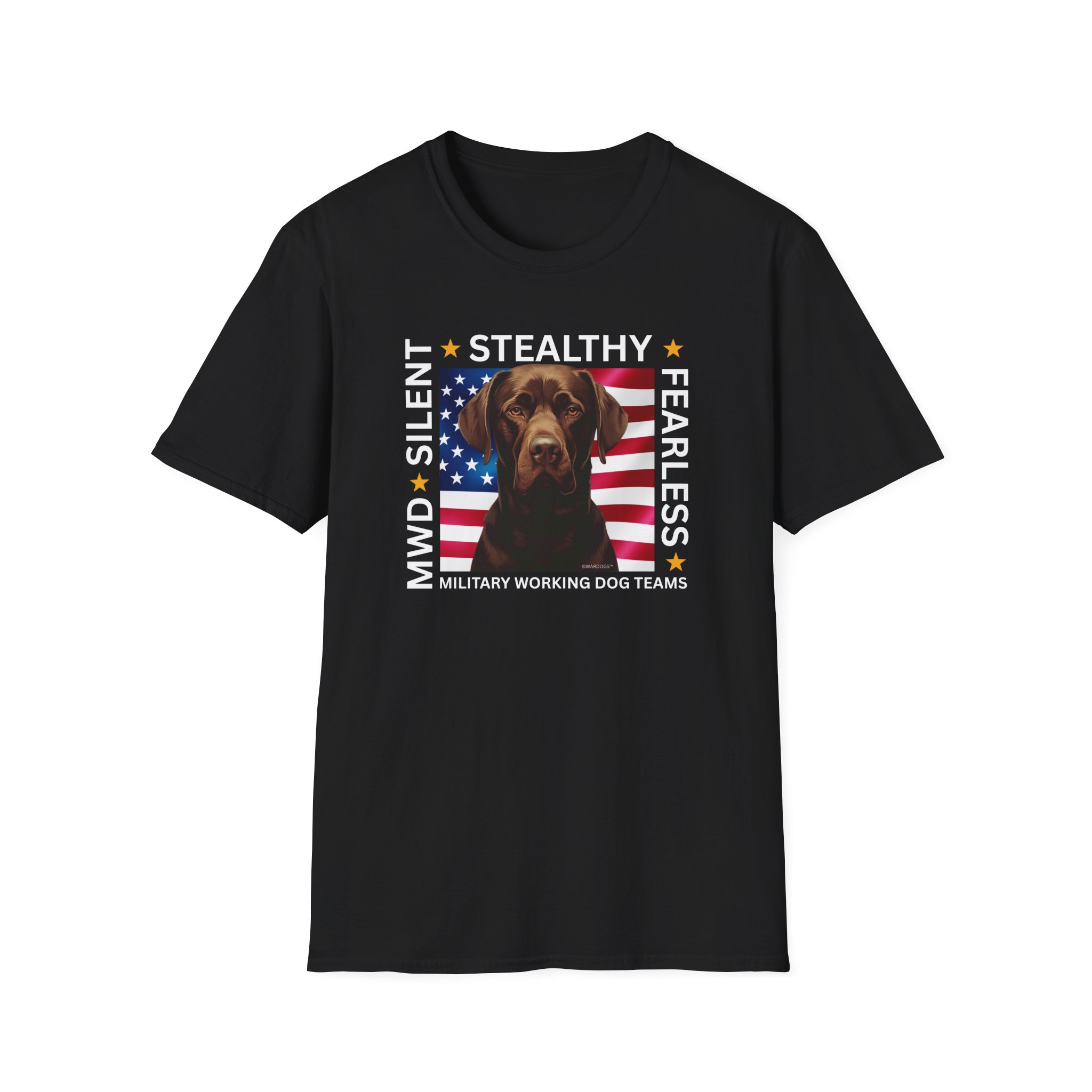 Military Working Dog T-Shirt — "MWD Silent • Stealthy • Fearless" American Flag K9 Tribute - Chocolate Lab - Image 5