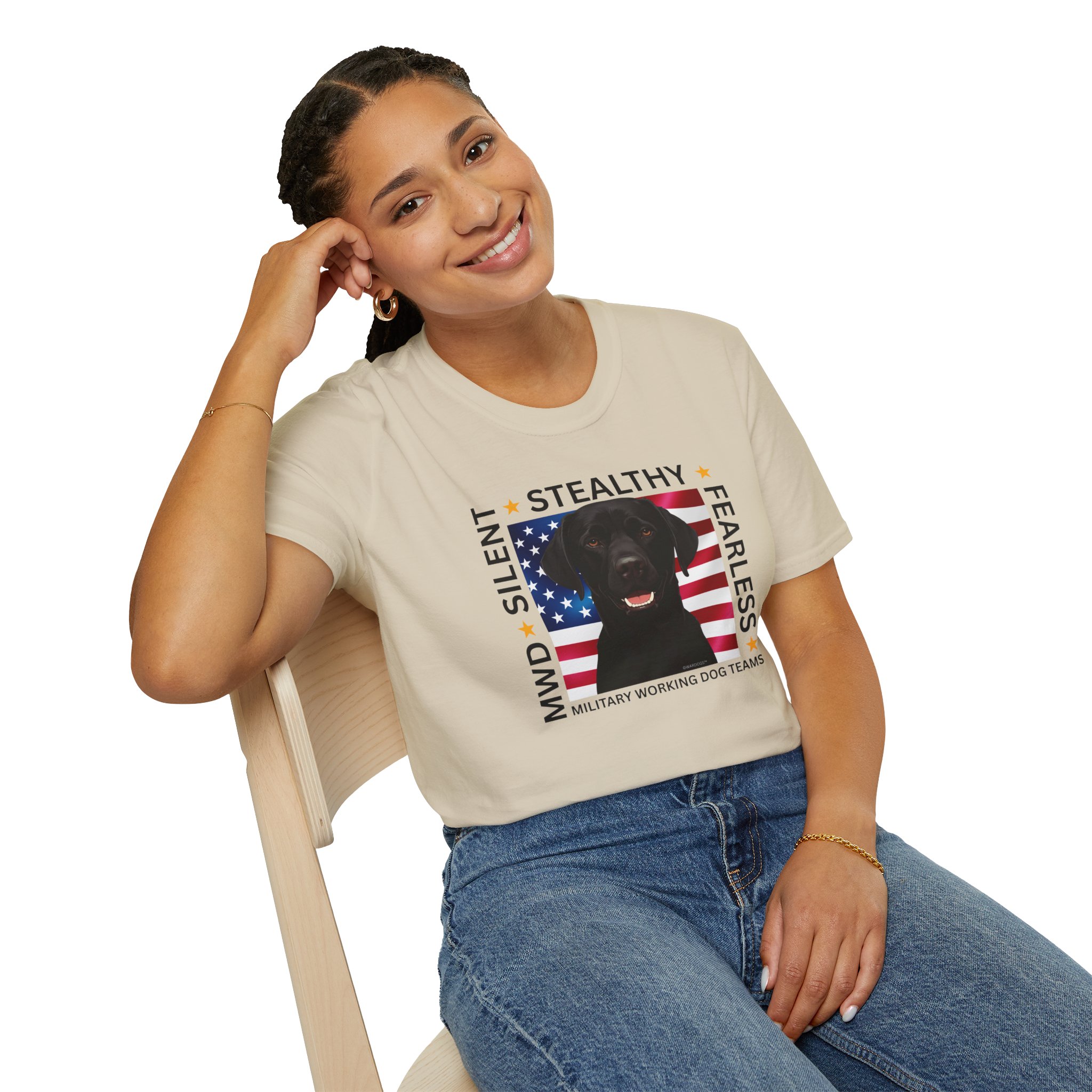 Military Working Dog T-Shirt — "MWD Silent • Stealthy • Fearless" American Flag K9 Tribute - Black Lab - Image 12