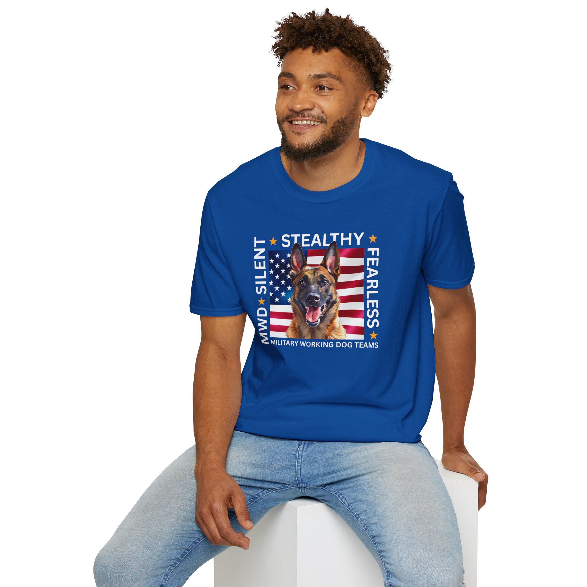 Military Working Dog T-Shirt — "MWD Silent • Stealthy • Fearless" American Flag K9 Tribute - Belgian Malinois - Image 15