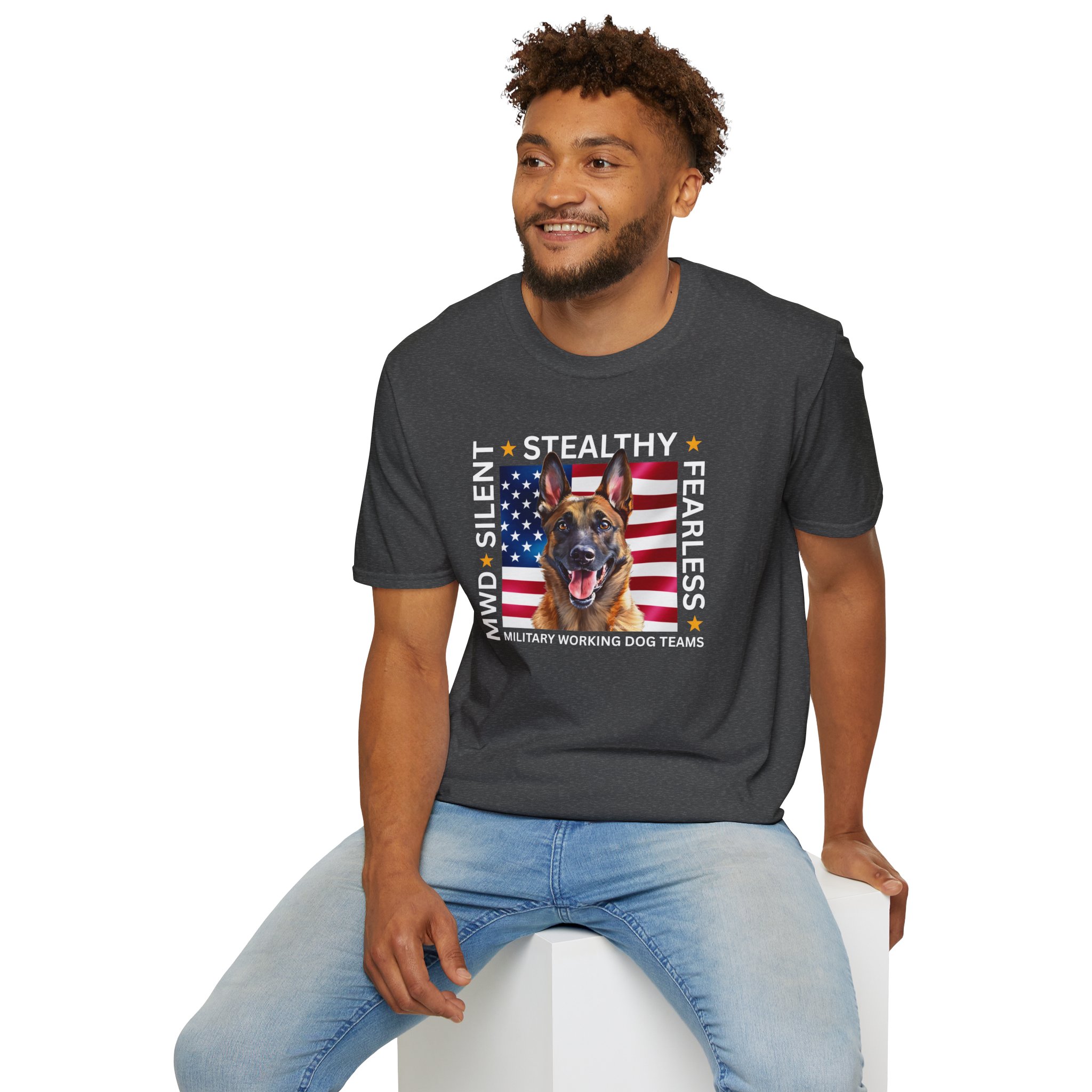 Military Working Dog T-Shirt — "MWD Silent • Stealthy • Fearless" American Flag K9 Tribute - Belgian Malinois - Image 11