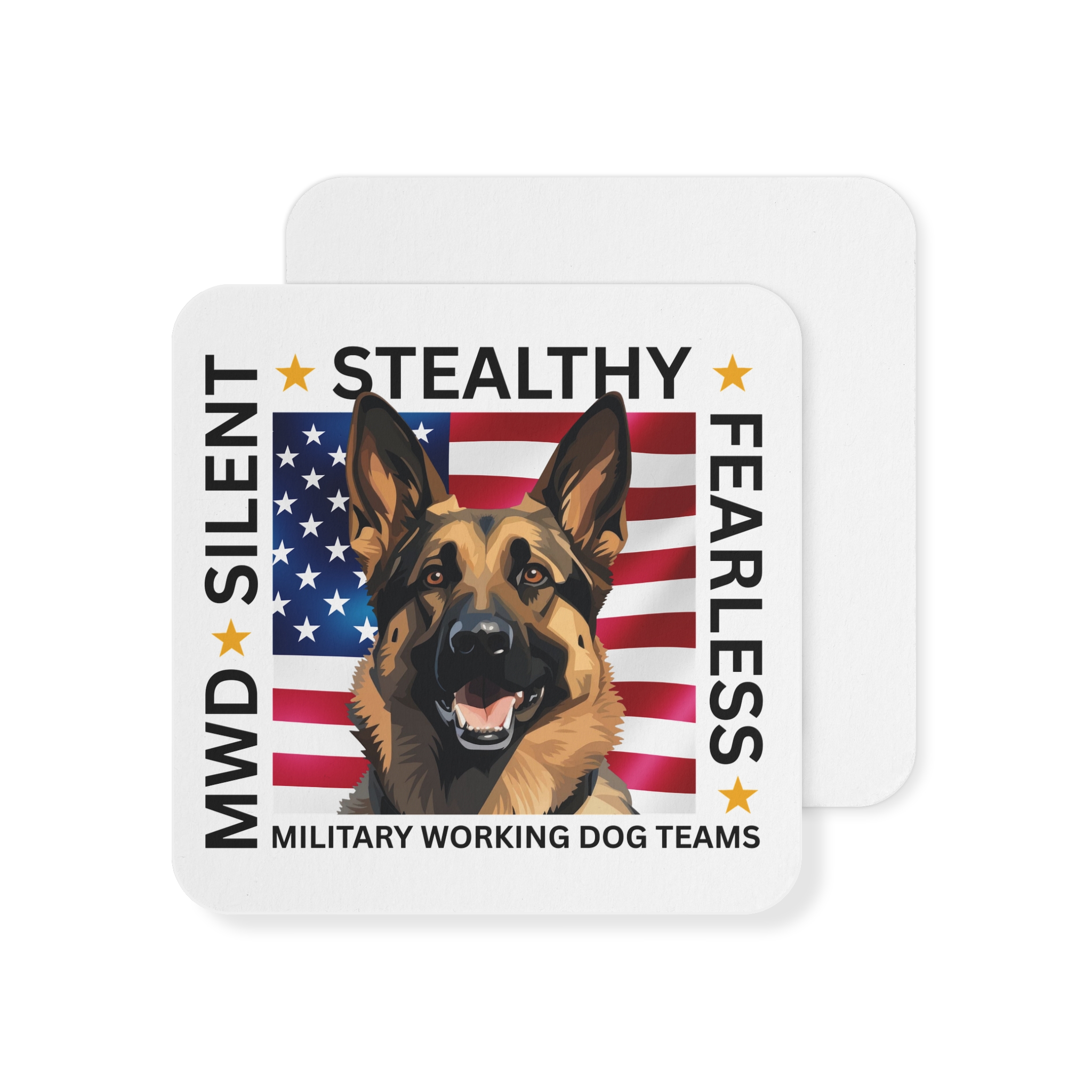 Military Working Dog Coasters – 'Silent Stealthy Fearless' German Shepherd Flag Drink Coasters (Set of 50/100)