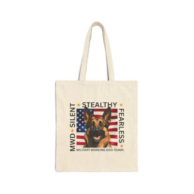 Military Working Dog Tote Bag – ‘Silent • Stealthy • Fearless’ American Flag Canvas Tote