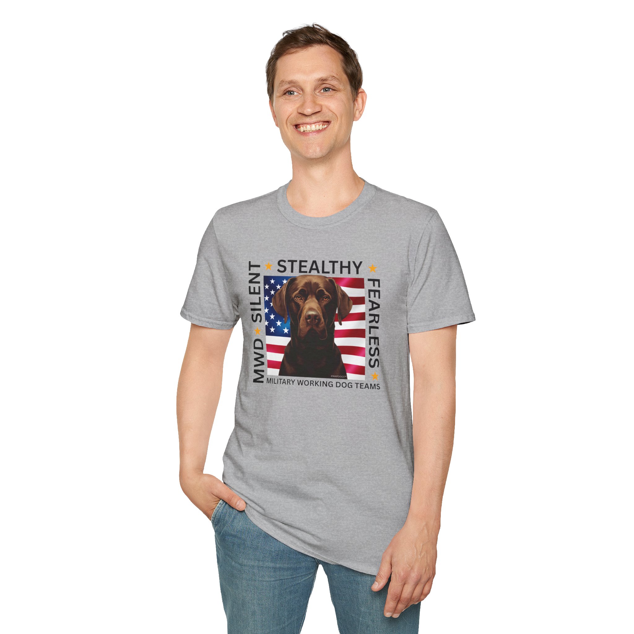 Military Working Dog T-Shirt — "MWD Silent • Stealthy • Fearless" American Flag K9 Tribute - Chocolate Lab - Image 7