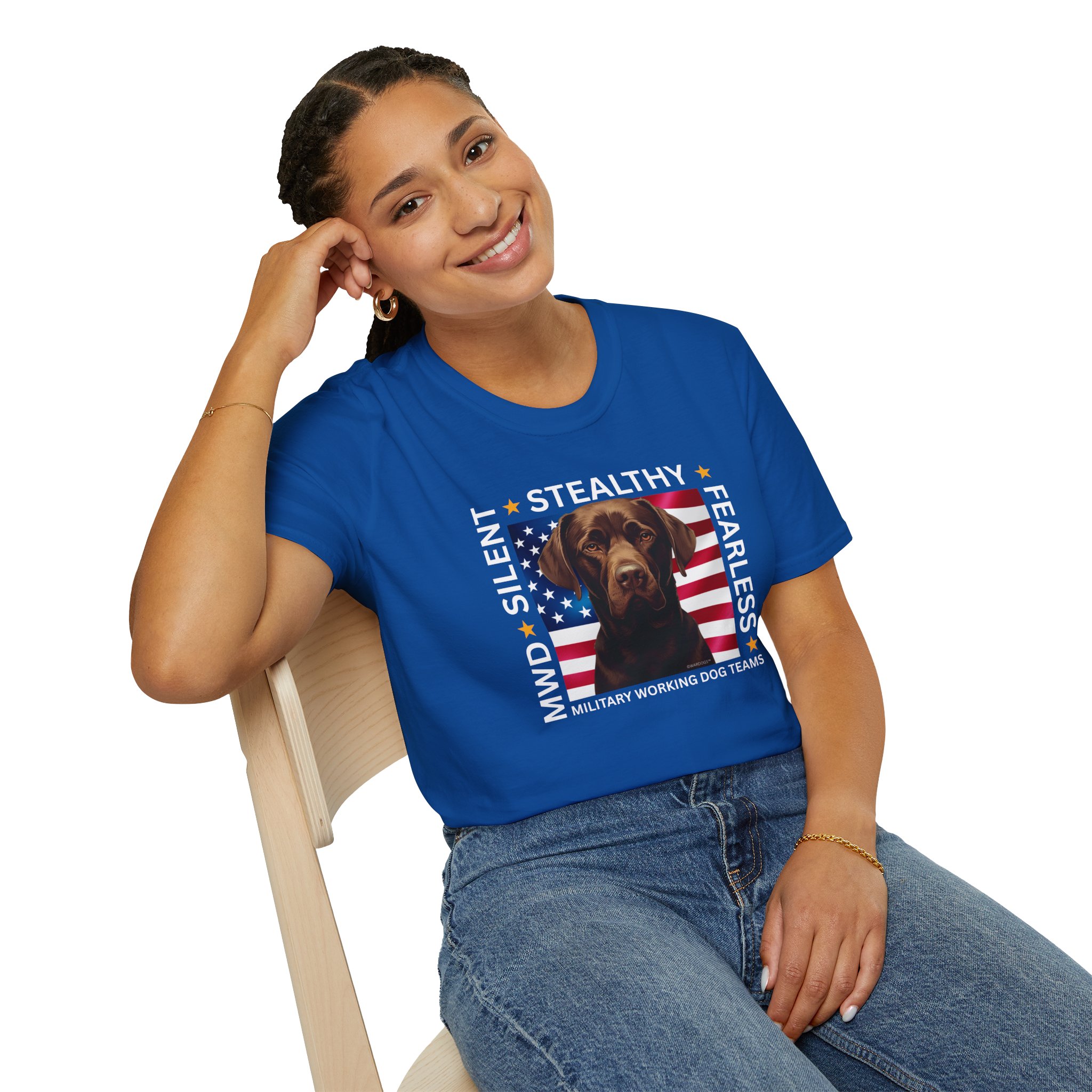 Military Working Dog T-Shirt — "MWD Silent • Stealthy • Fearless" American Flag K9 Tribute - Chocolate Lab - Image 16