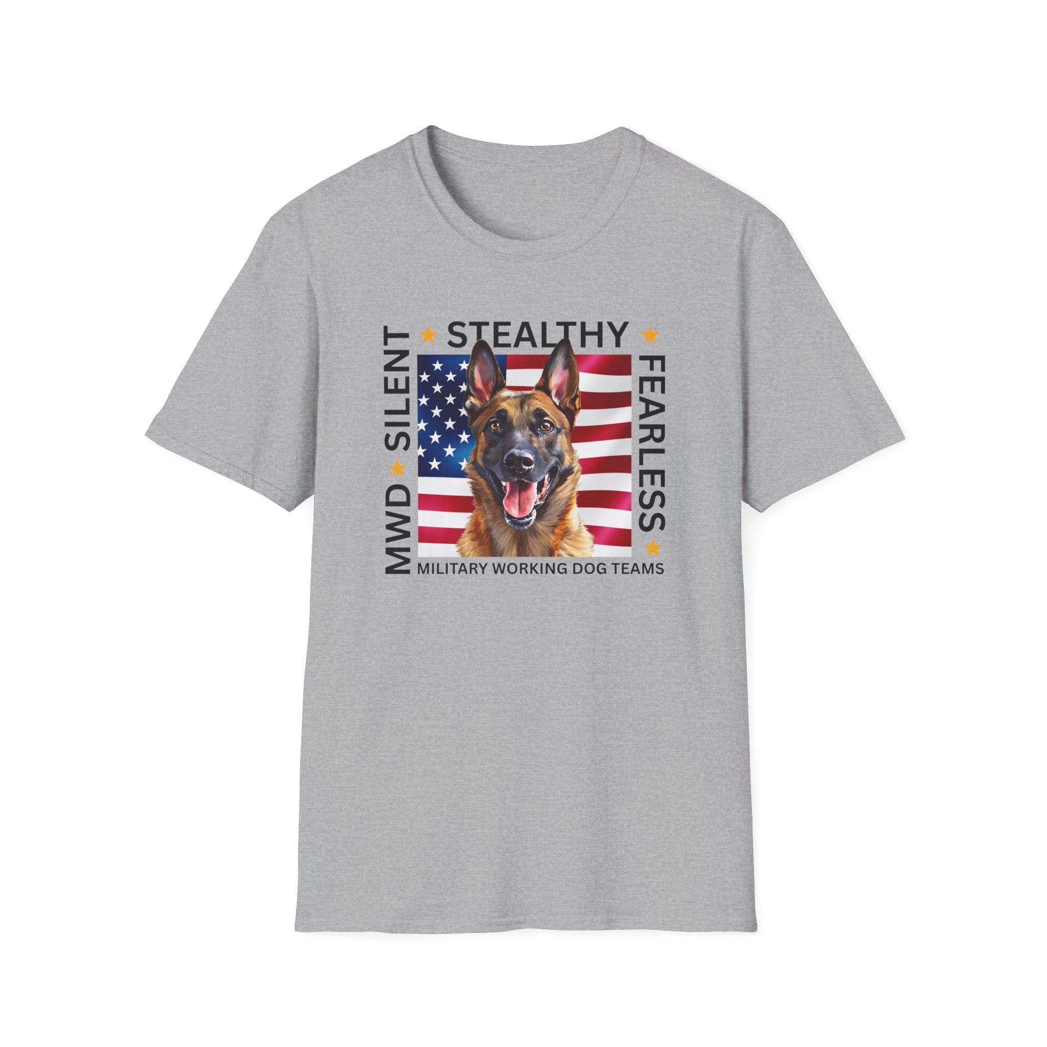 Military Working Dog T-Shirt — "MWD Silent • Stealthy • Fearless" American Flag K9 Tribute - Belgian Malinois - Image 9