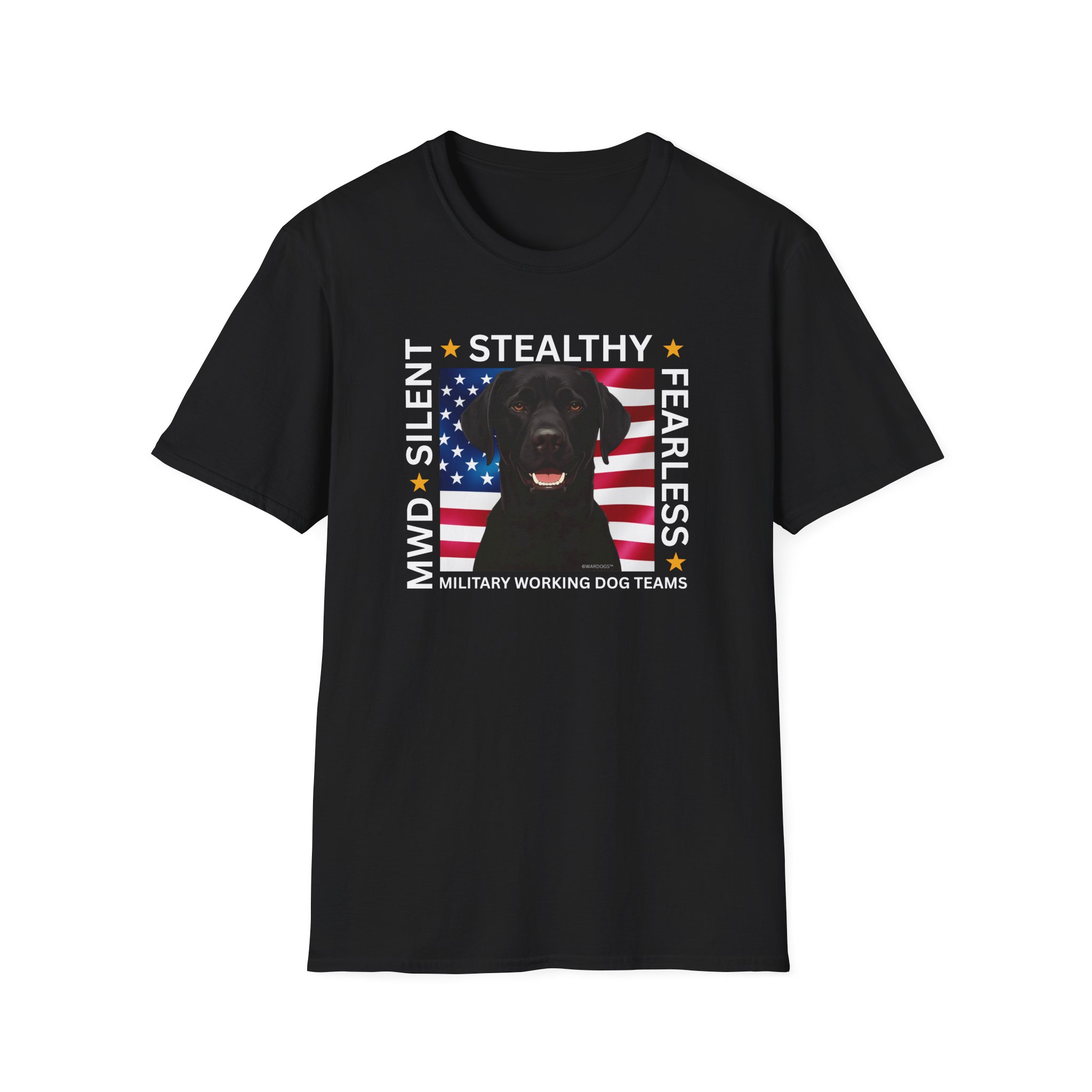 Military Working Dog T-Shirt — "MWD Silent • Stealthy • Fearless" American Flag K9 Tribute - Black Lab - Image 5