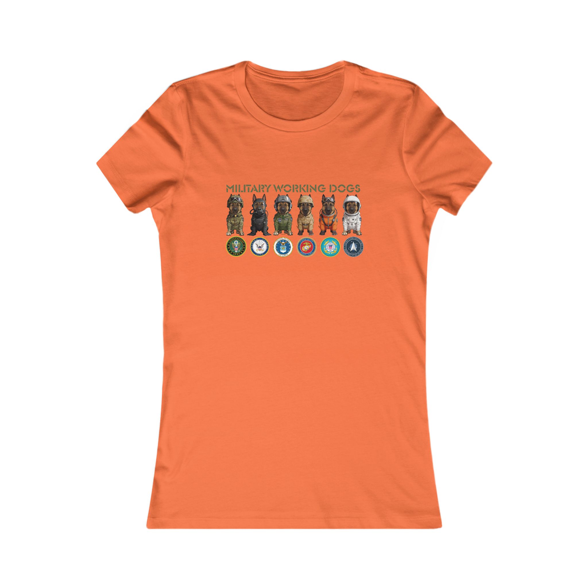 Military Working Dogs Women's Tee — Service Branch Badges & K9 Lineup - Image 2