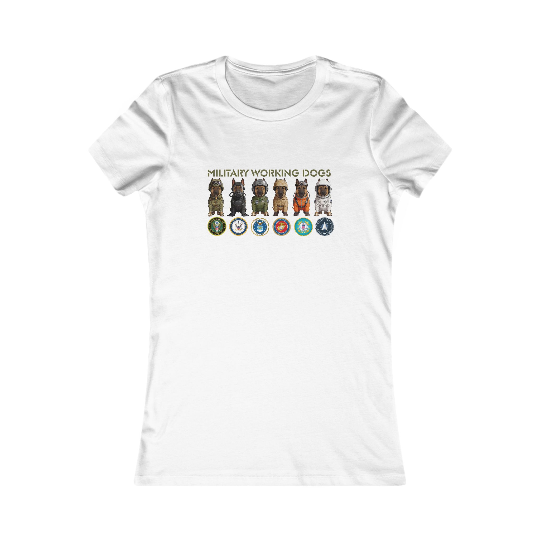 Military Working Dogs Women's Tee — Service Branch Badges & K9 Lineup