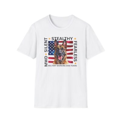 Military Working Dog T-Shirt — “MWD Silent • Stealthy • Fearless” American Flag K9 Tribute – Belgian Malinois