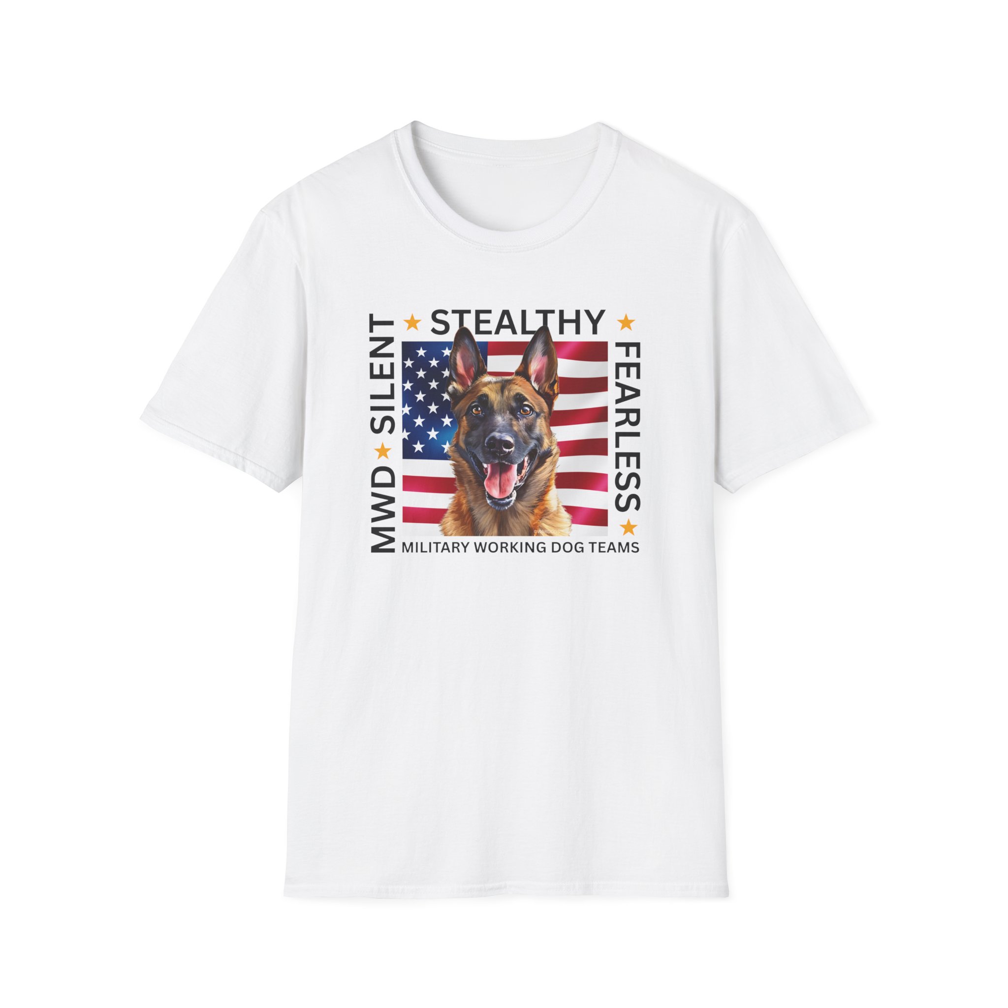 Military Working Dog T-Shirt — "MWD Silent • Stealthy • Fearless" American Flag K9 Tribute - Belgian Malinois