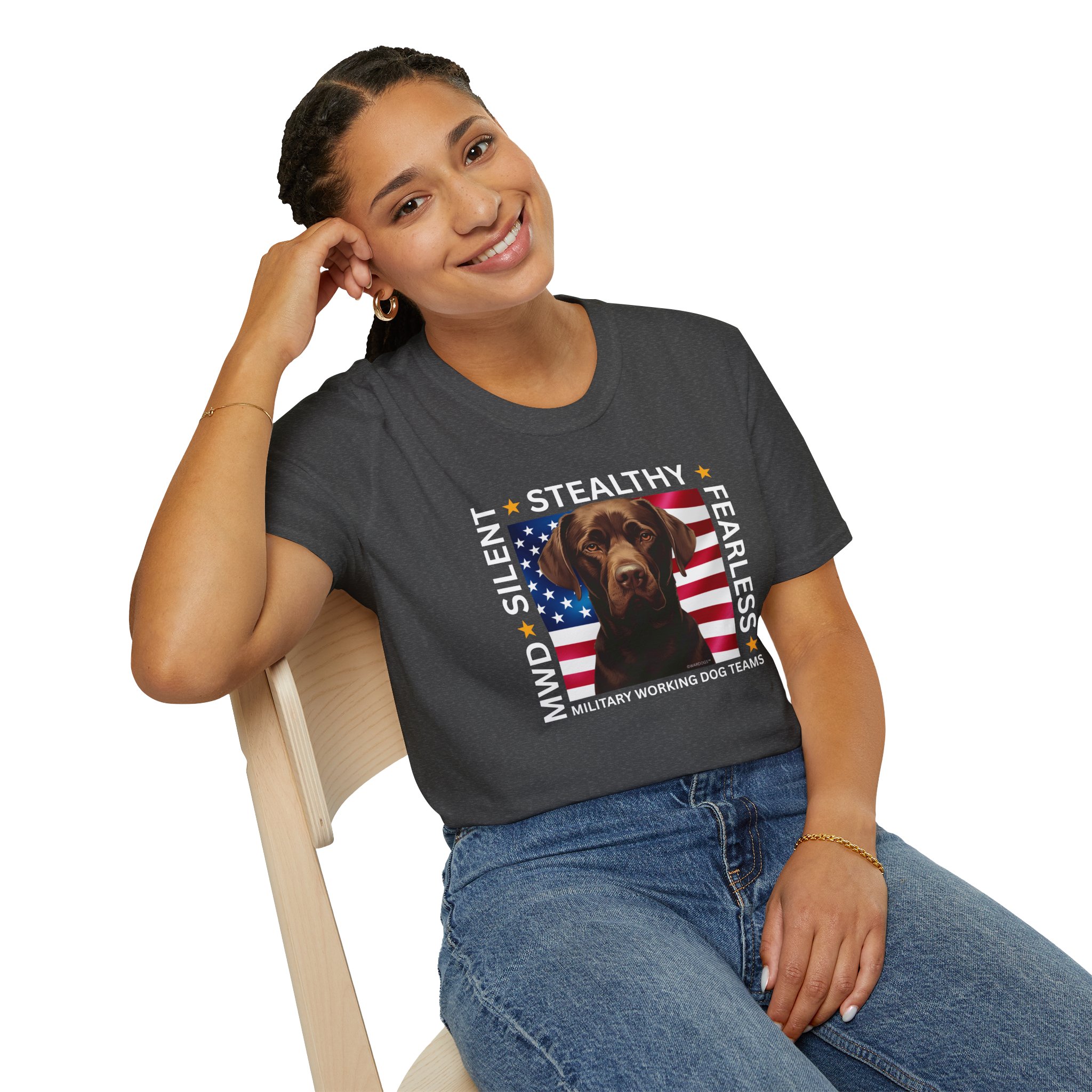 Military Working Dog T-Shirt — "MWD Silent • Stealthy • Fearless" American Flag K9 Tribute - Chocolate Lab - Image 12
