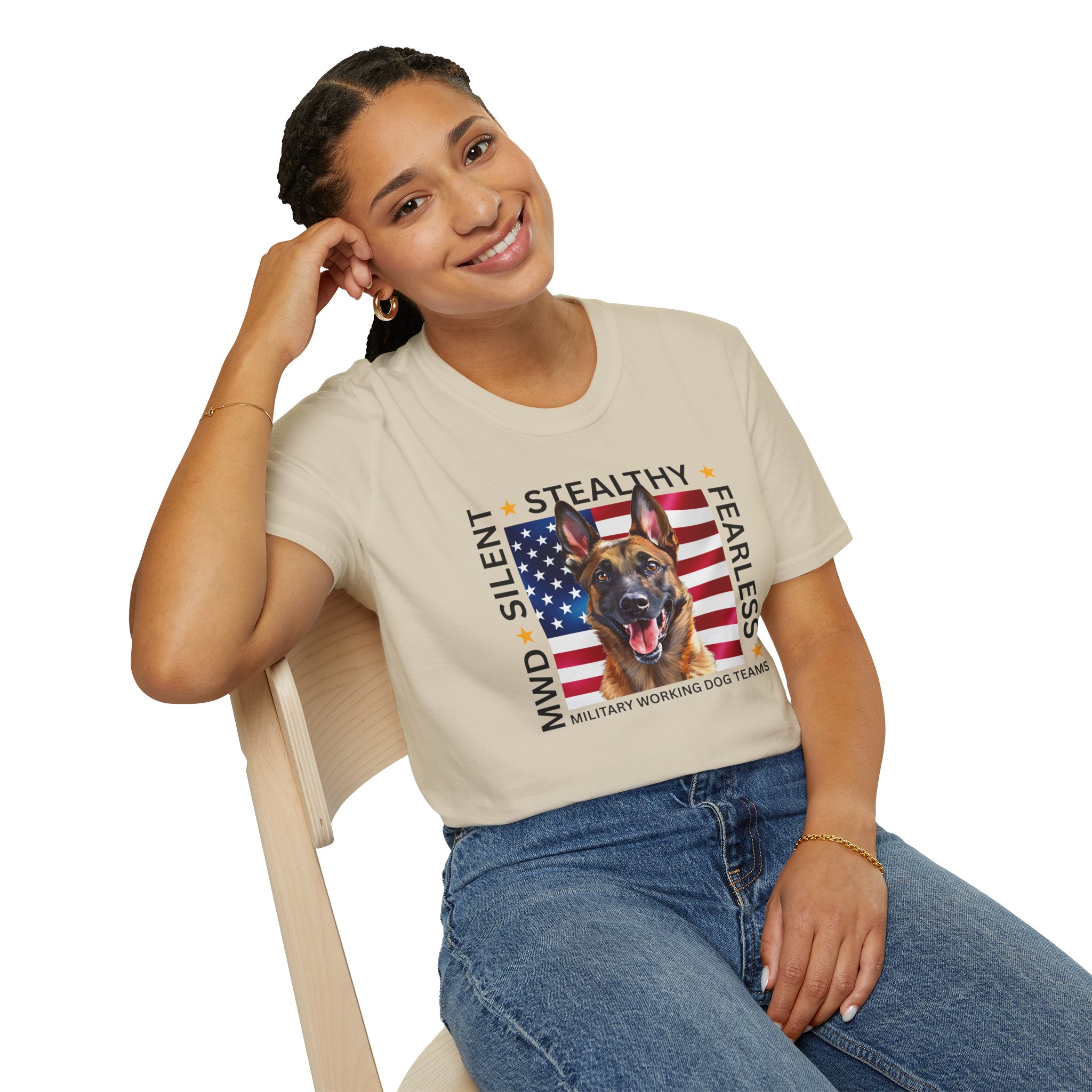 Military Working Dog T-Shirt — "MWD Silent • Stealthy • Fearless" American Flag K9 Tribute - Belgian Malinois - Image 8