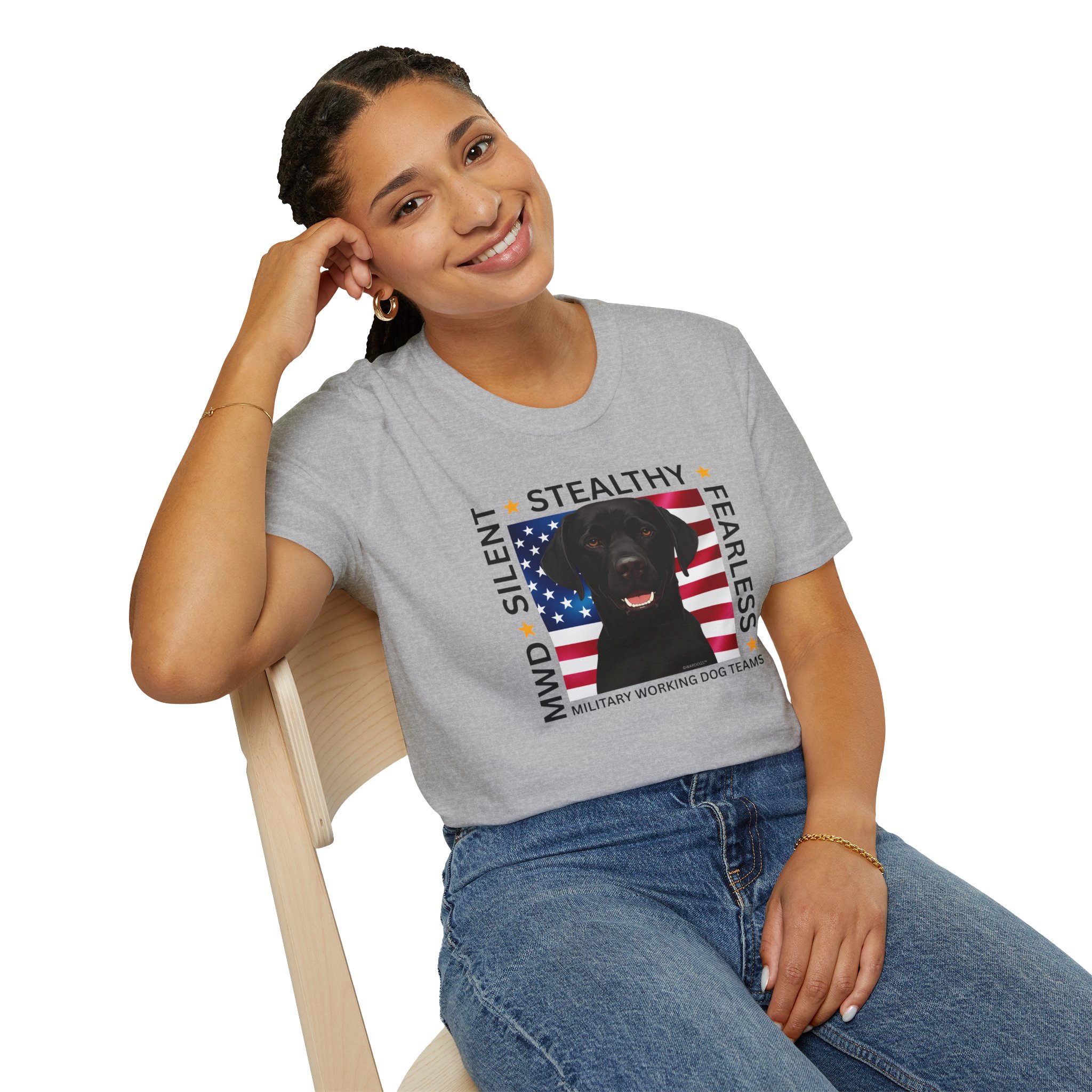 Military Working Dog T-Shirt — "MWD Silent • Stealthy • Fearless" American Flag K9 Tribute - Black Lab - Image 4