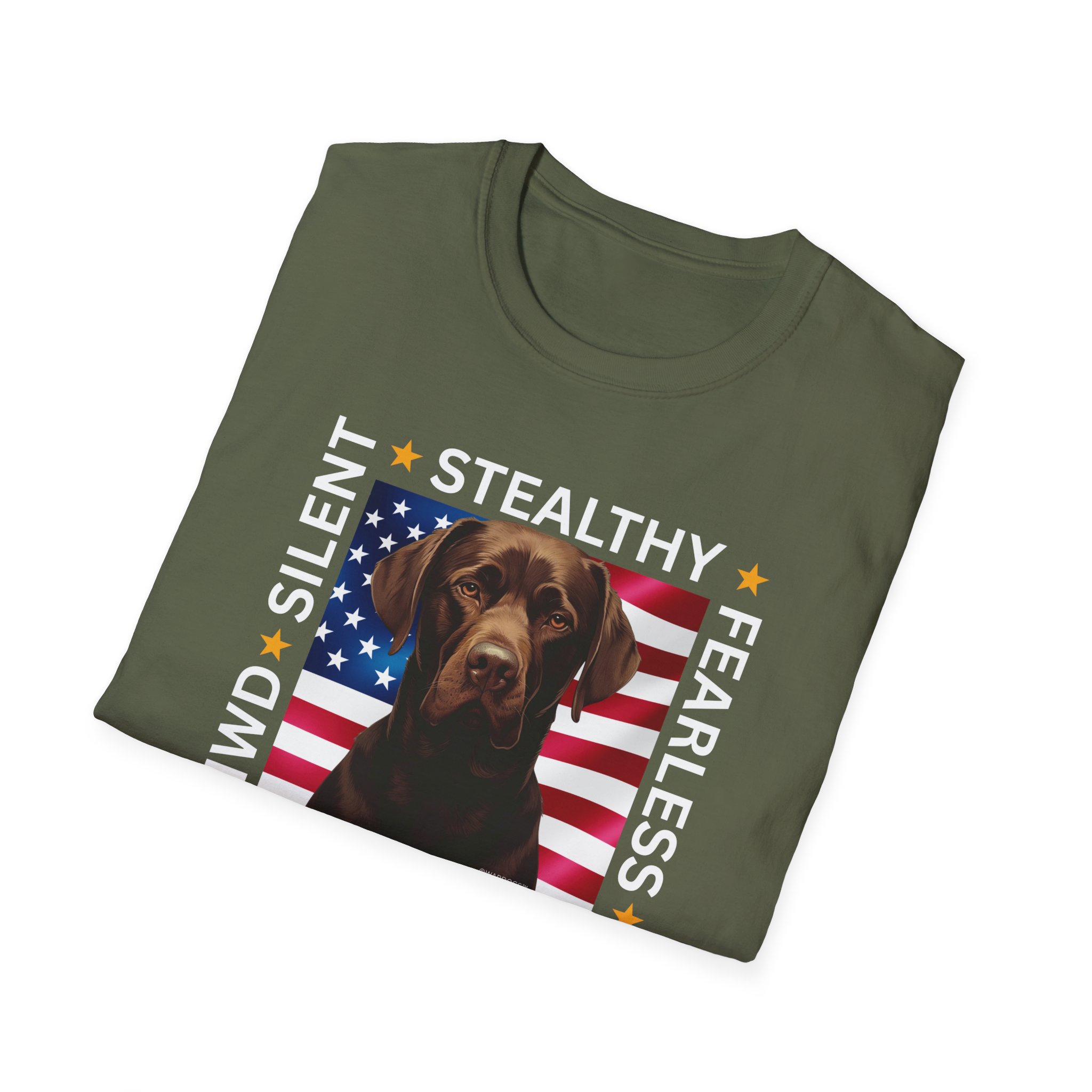 Military Working Dog T-Shirt — "MWD Silent • Stealthy • Fearless" American Flag K9 Tribute - Chocolate Lab - Image 2