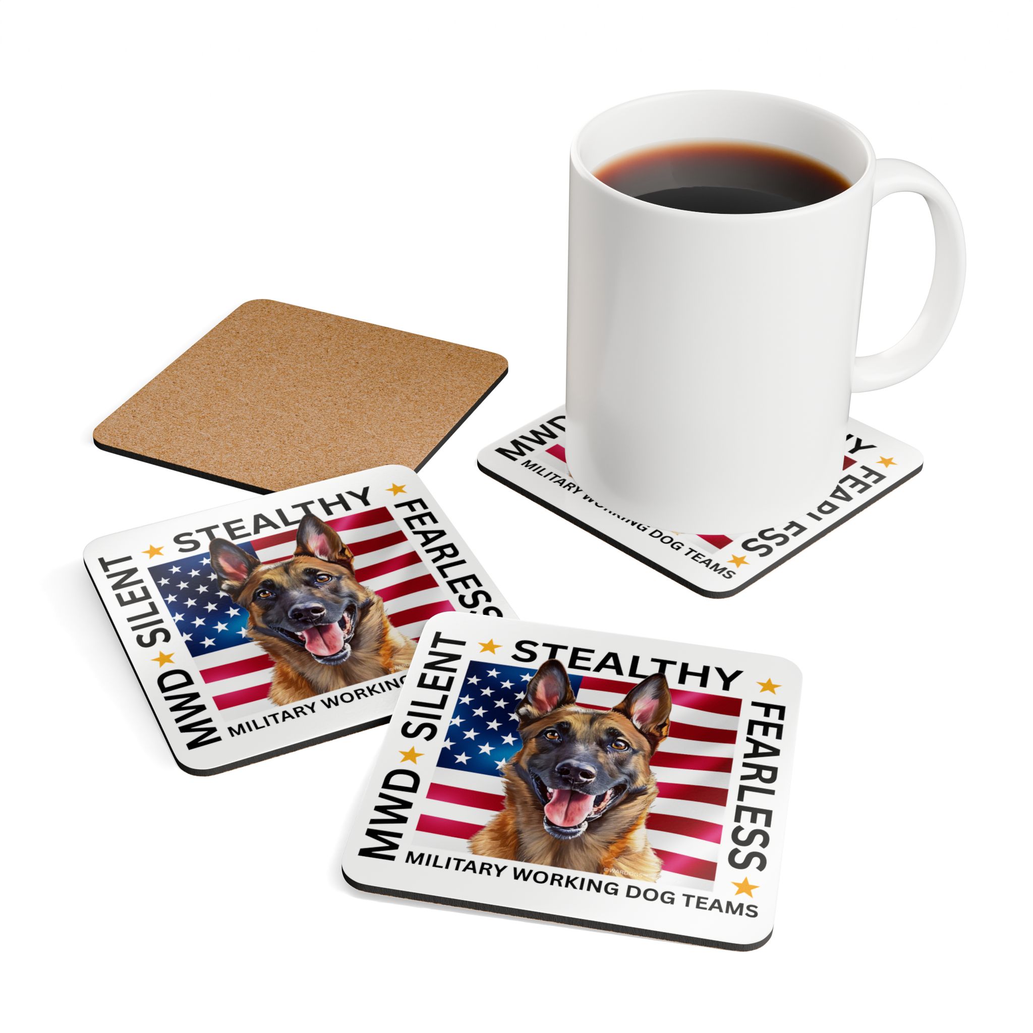 Military Working Dog Coaster Set – Malinois ‘Silent, Stealthy, Fearless’ Cork Drink Coasters - Set of Four - Image 4