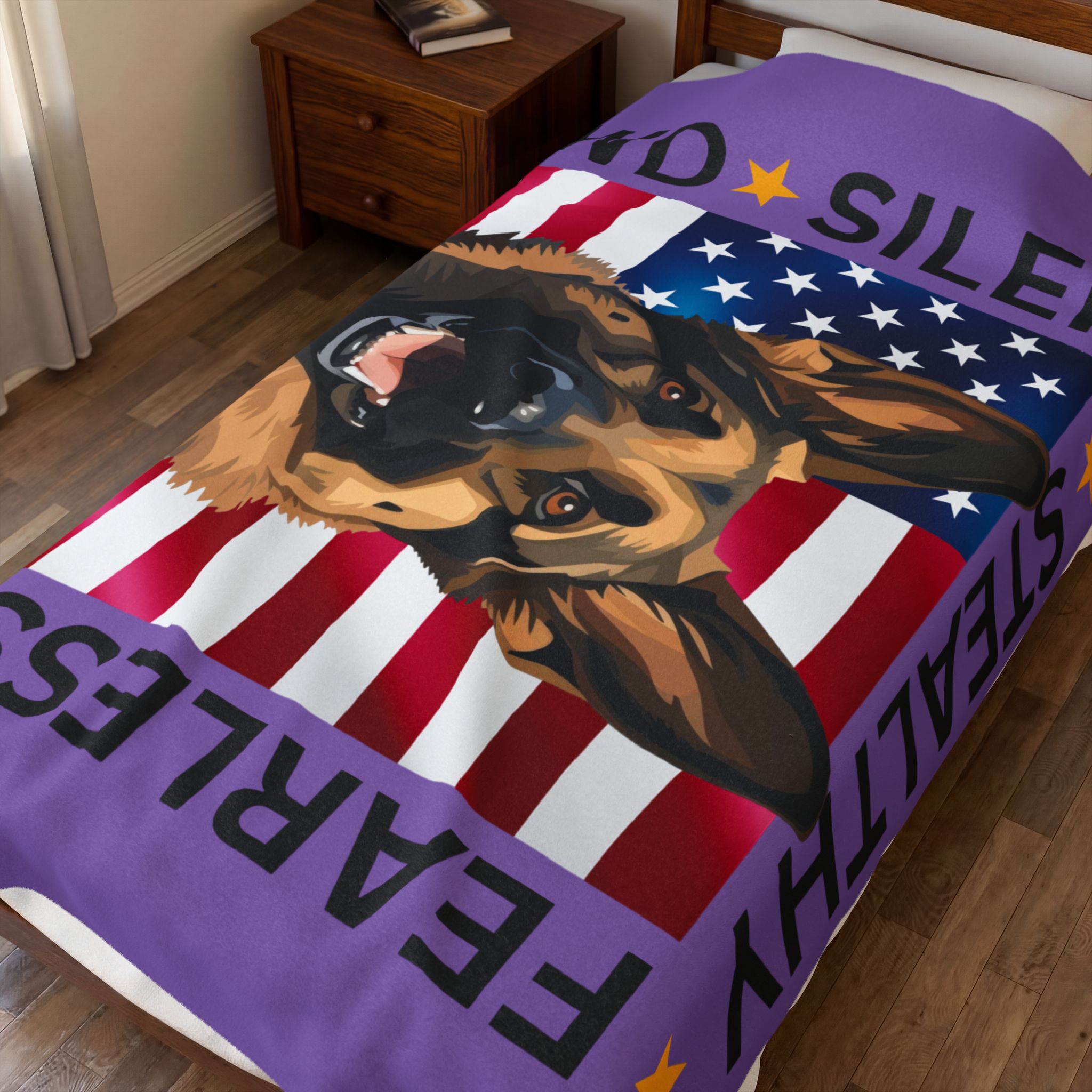 Velveteen Plush Blanket — Military Working Dog K9 Design with American Flag ("Silent, Stealthy, Fearless") - Image 3