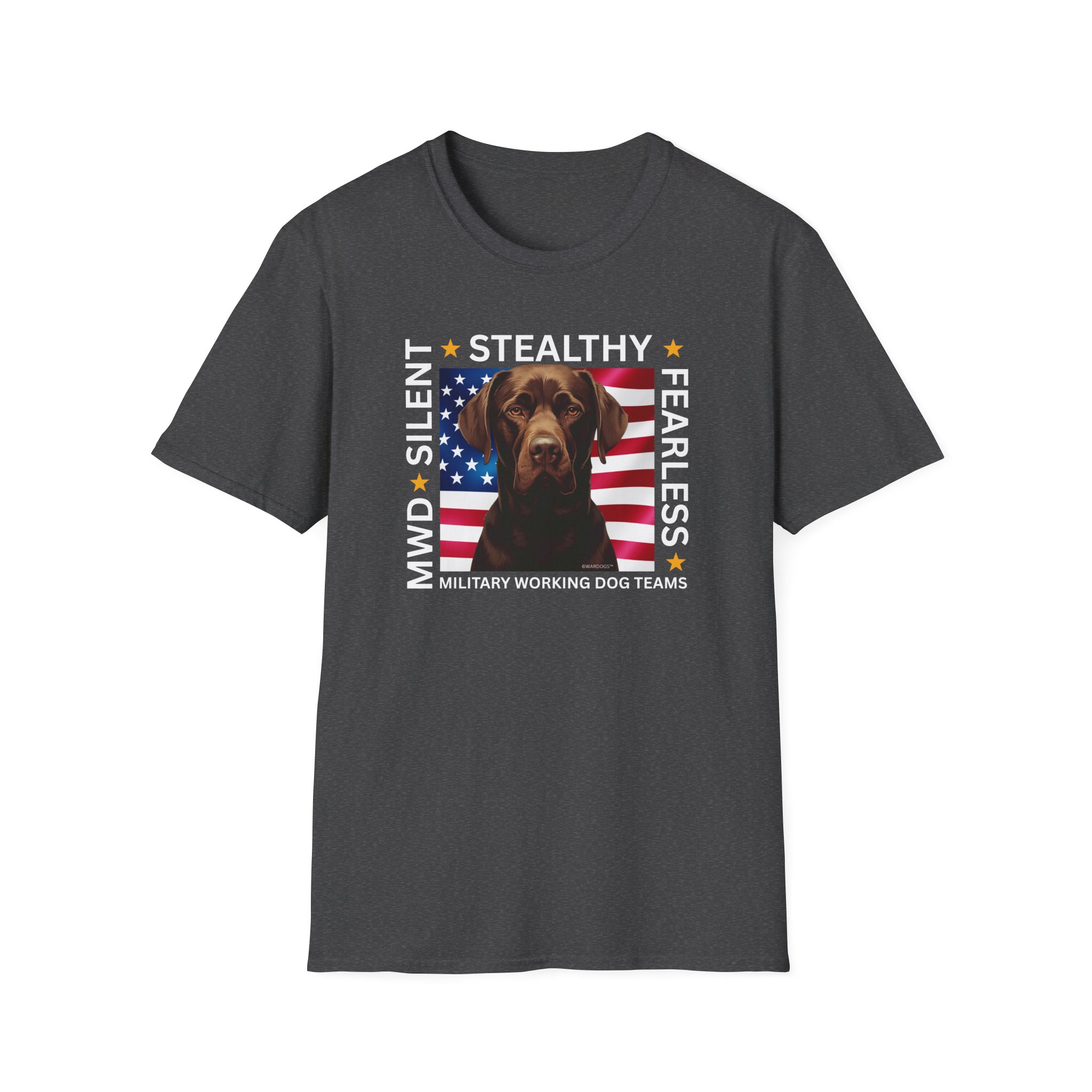 Military Working Dog T-Shirt — "MWD Silent • Stealthy • Fearless" American Flag K9 Tribute - Chocolate Lab - Image 9