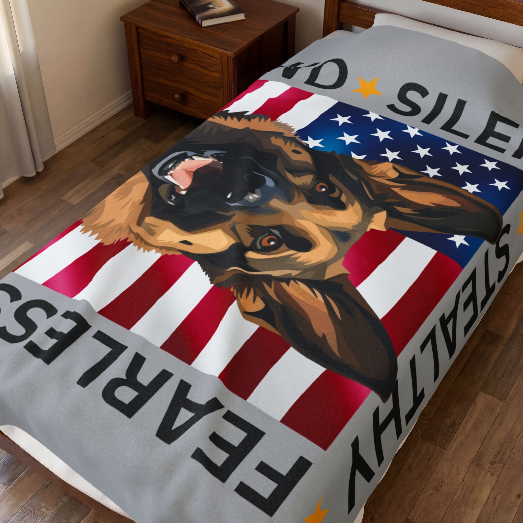 Velveteen Plush Blanket — Military Working Dog K9 Design with American Flag ("Silent, Stealthy, Fearless") - Image 5