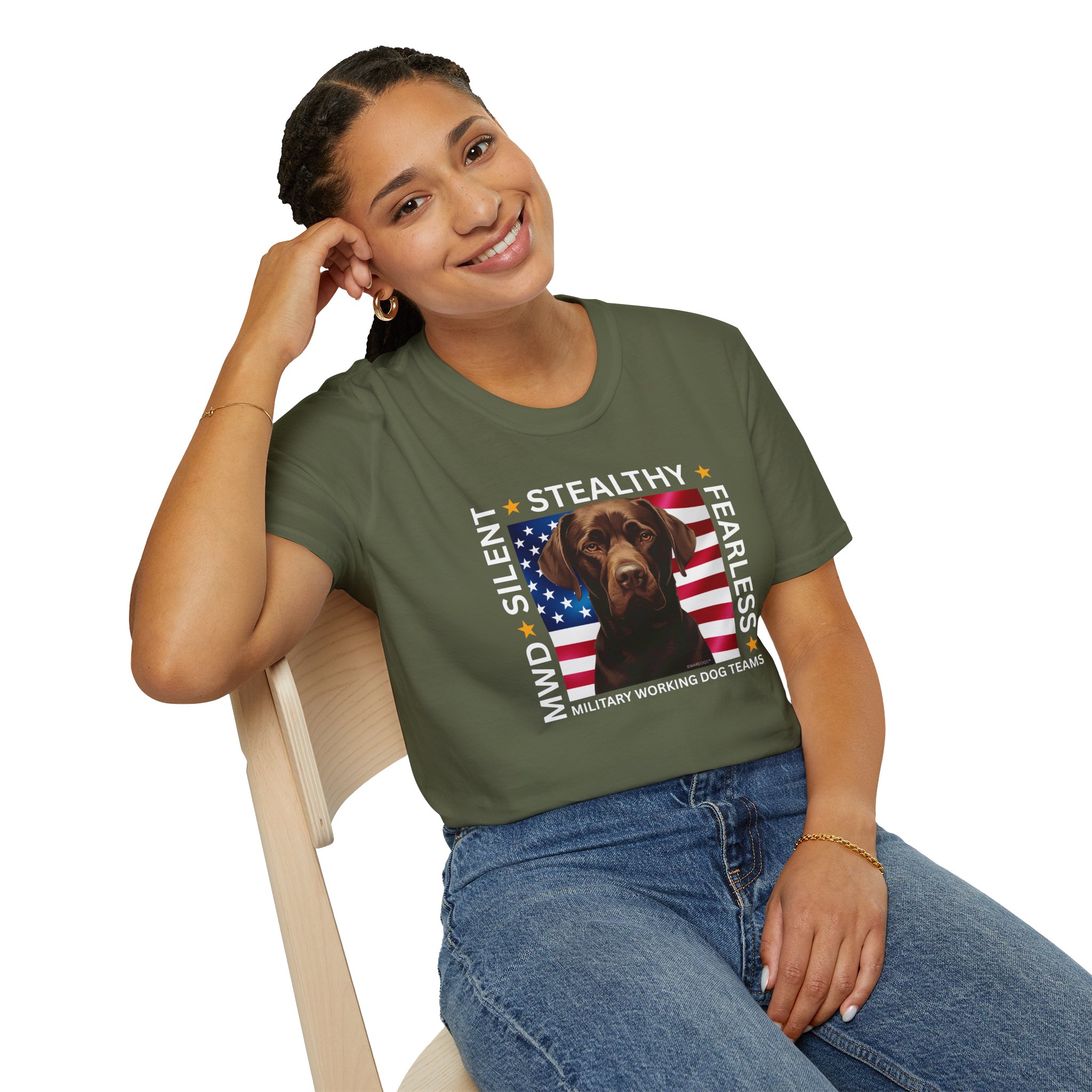 Military Working Dog T-Shirt — "MWD Silent • Stealthy • Fearless" American Flag K9 Tribute - Chocolate Lab - Image 4
