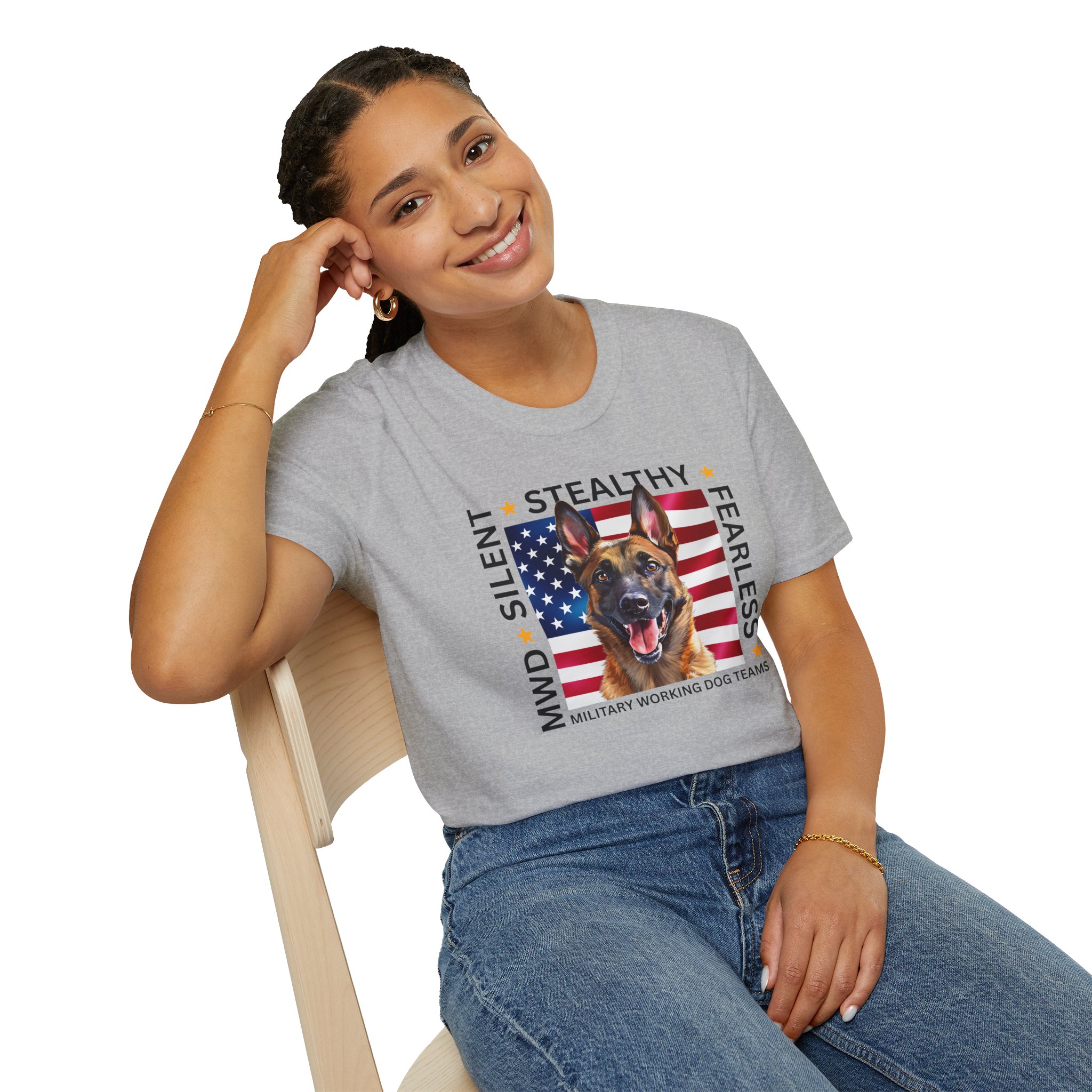 Military Working Dog T-Shirt — "MWD Silent • Stealthy • Fearless" American Flag K9 Tribute - Belgian Malinois - Image 12