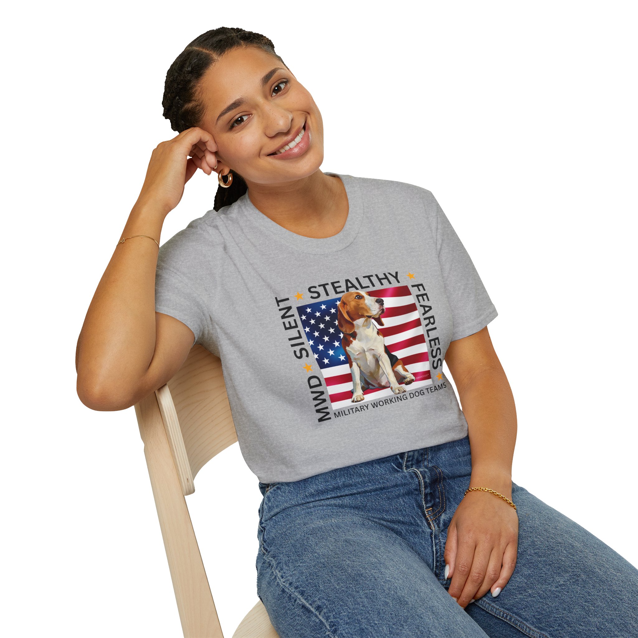 Military Working Dog T-Shirt — "MWD Silent • Stealthy • Fearless" American Flag K9 Tribute - Beagle - Image 4