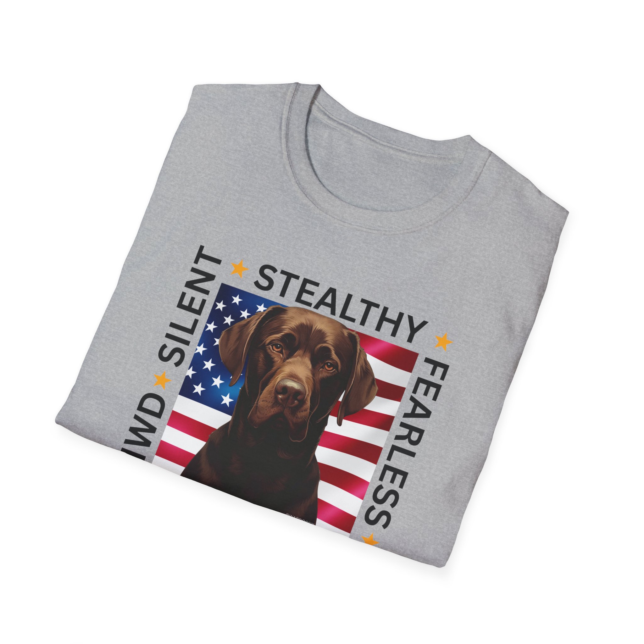 Military Working Dog T-Shirt — "MWD Silent • Stealthy • Fearless" American Flag K9 Tribute - Chocolate Lab - Image 6