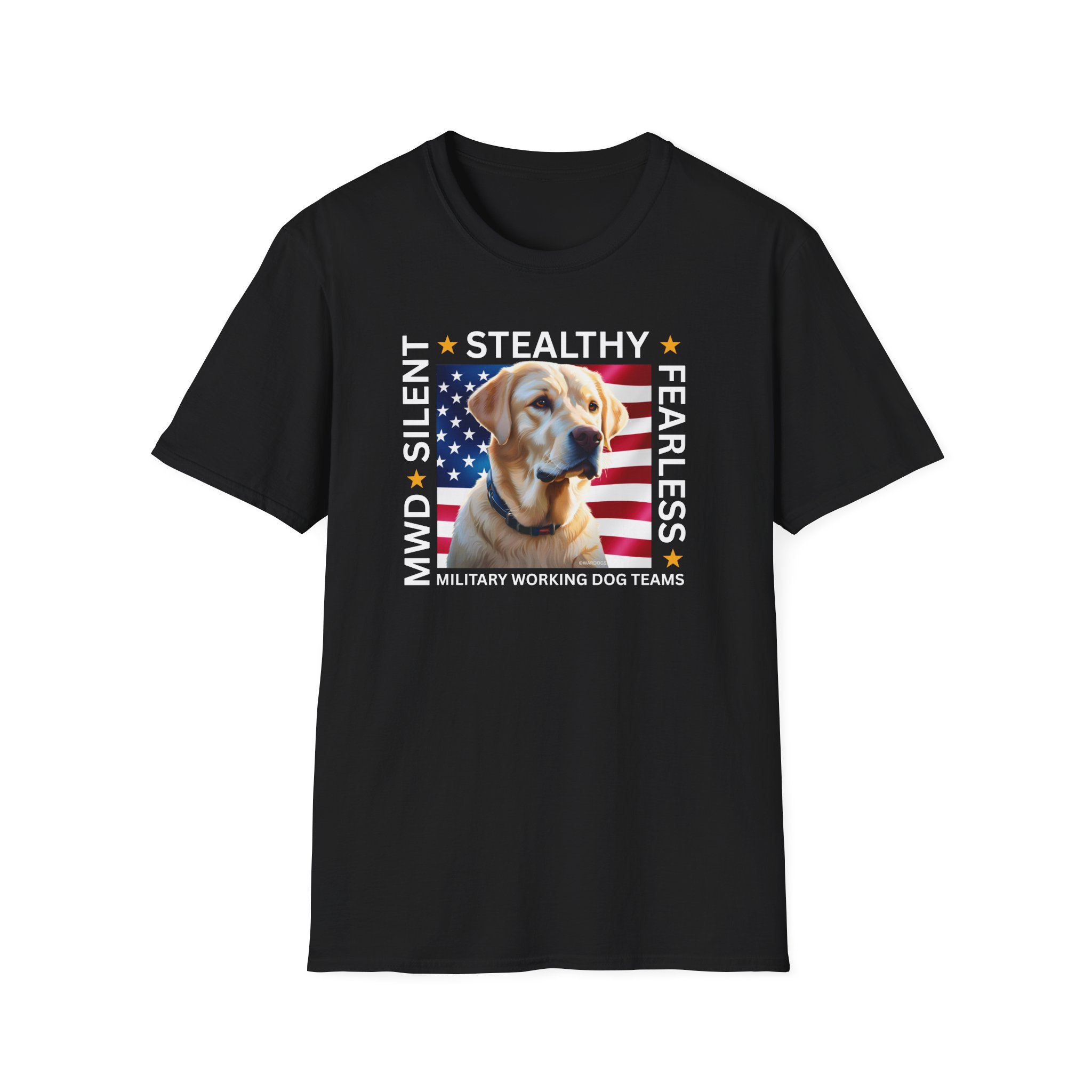 Copy of Military Working Dog T-Shirt — "MWD Silent • Stealthy • Fearless" American Flag K9 Tribute - Yellow Lab - Image 5