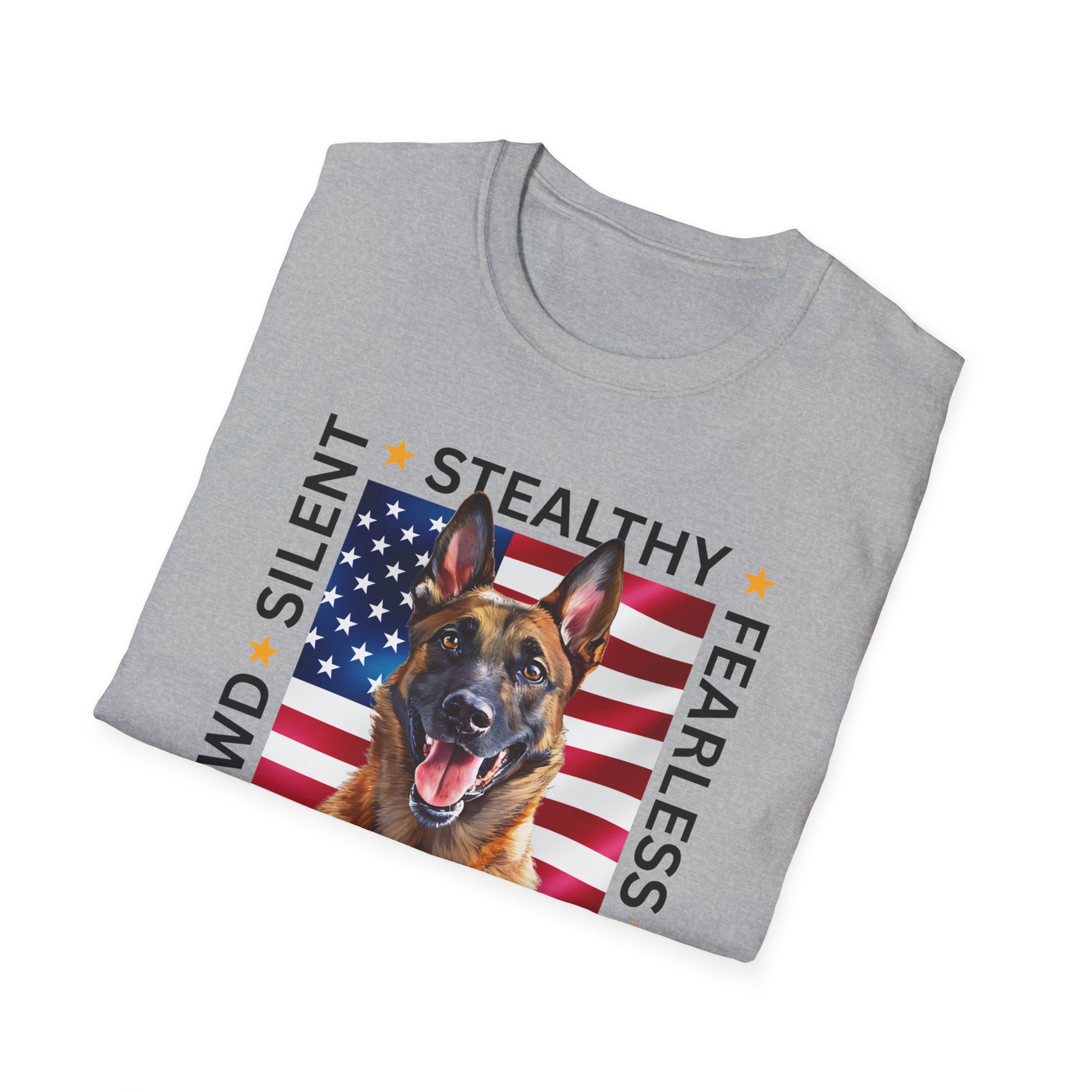 Military Working Dog T-Shirt — "MWD Silent • Stealthy • Fearless" American Flag K9 Tribute - Belgian Malinois - Image 10