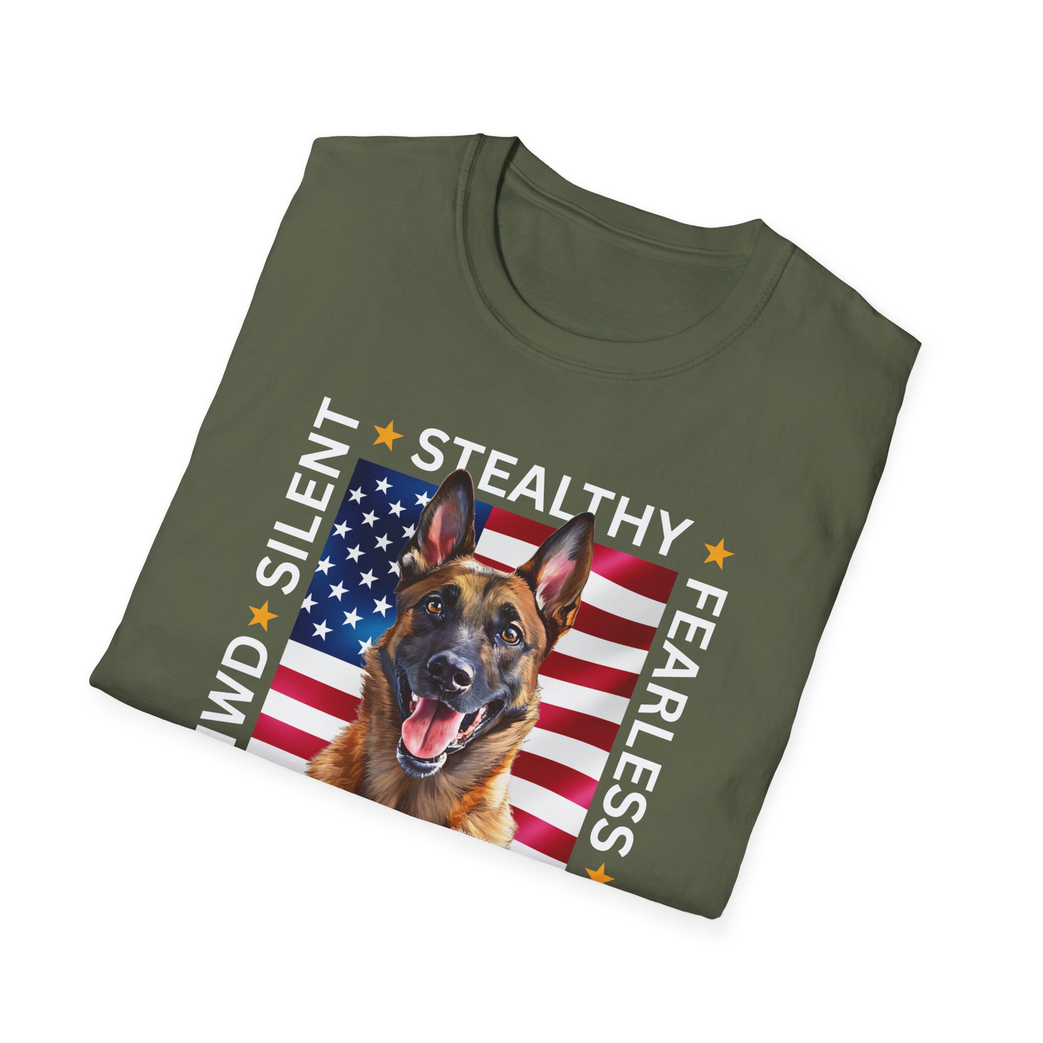 Military Working Dog T-Shirt — "MWD Silent • Stealthy • Fearless" American Flag K9 Tribute - Belgian Malinois - Image 6