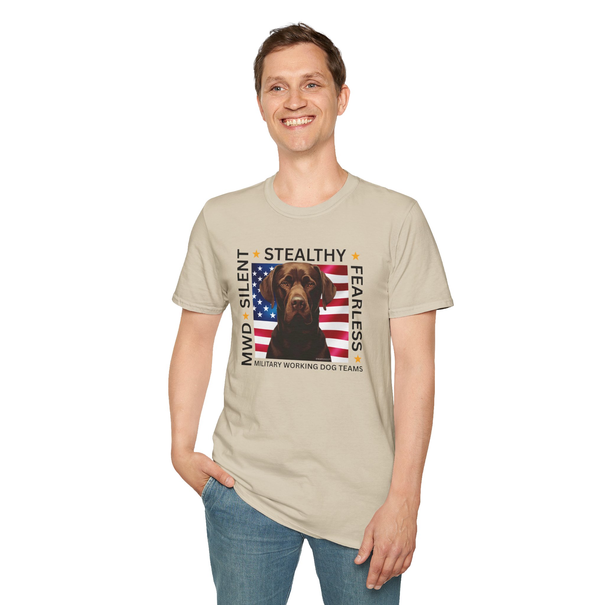 Military Working Dog T-Shirt — "MWD Silent • Stealthy • Fearless" American Flag K9 Tribute - Chocolate Lab - Image 3