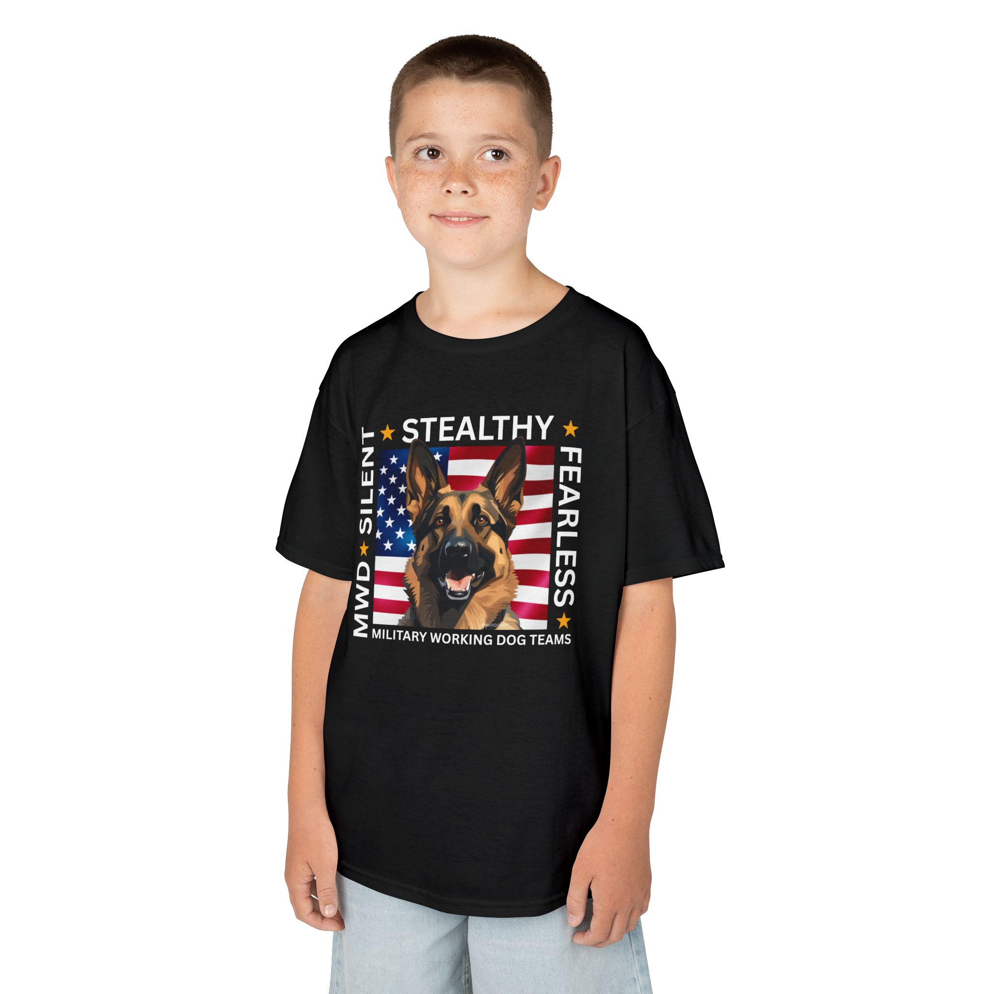 Kids Military Working Dog Tee — "Silent • Stealthy • Fearless" American Flag K9 Shirt - Image 5