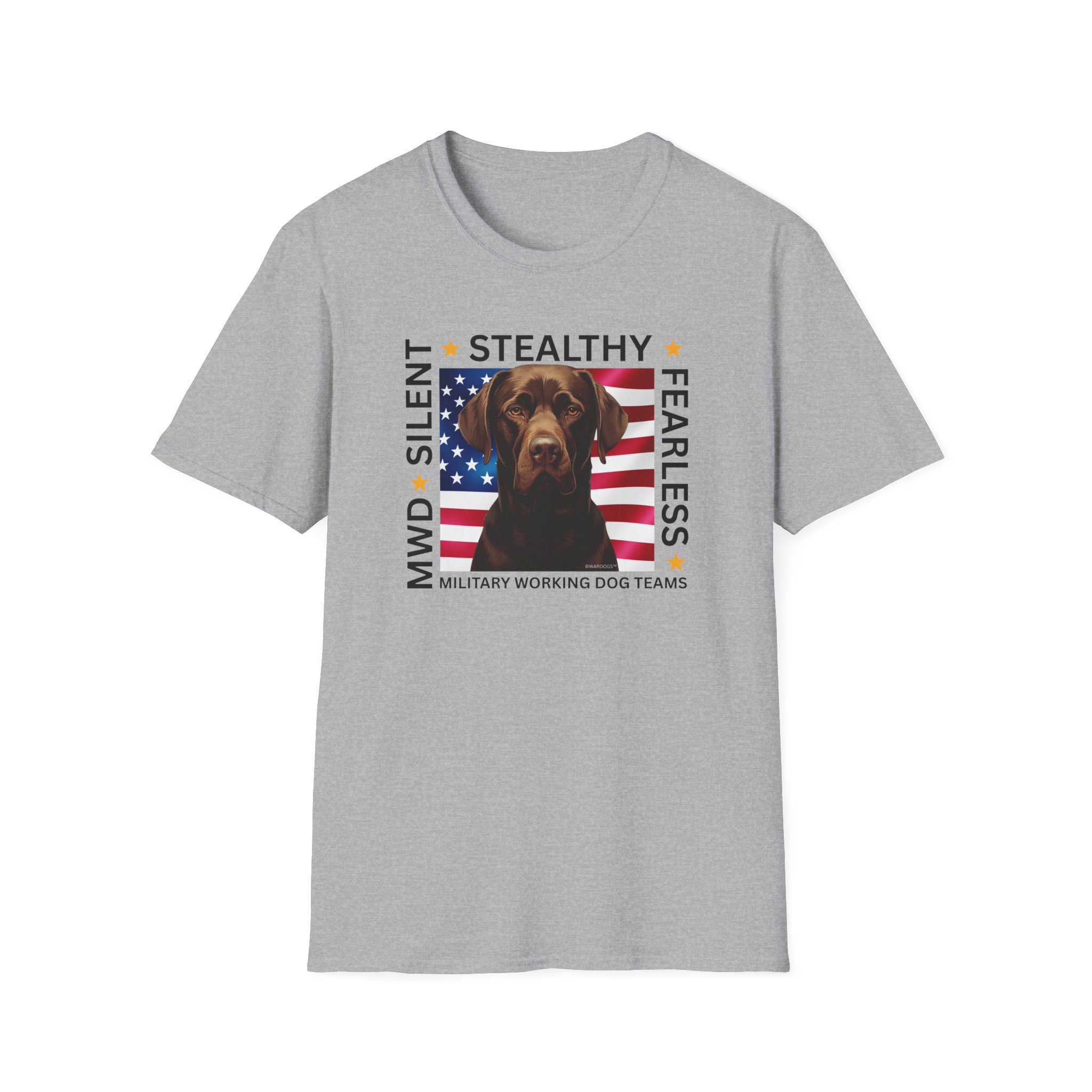 Military Working Dog T-Shirt — "MWD Silent • Stealthy • Fearless" American Flag K9 Tribute - Chocolate Lab - Image 5