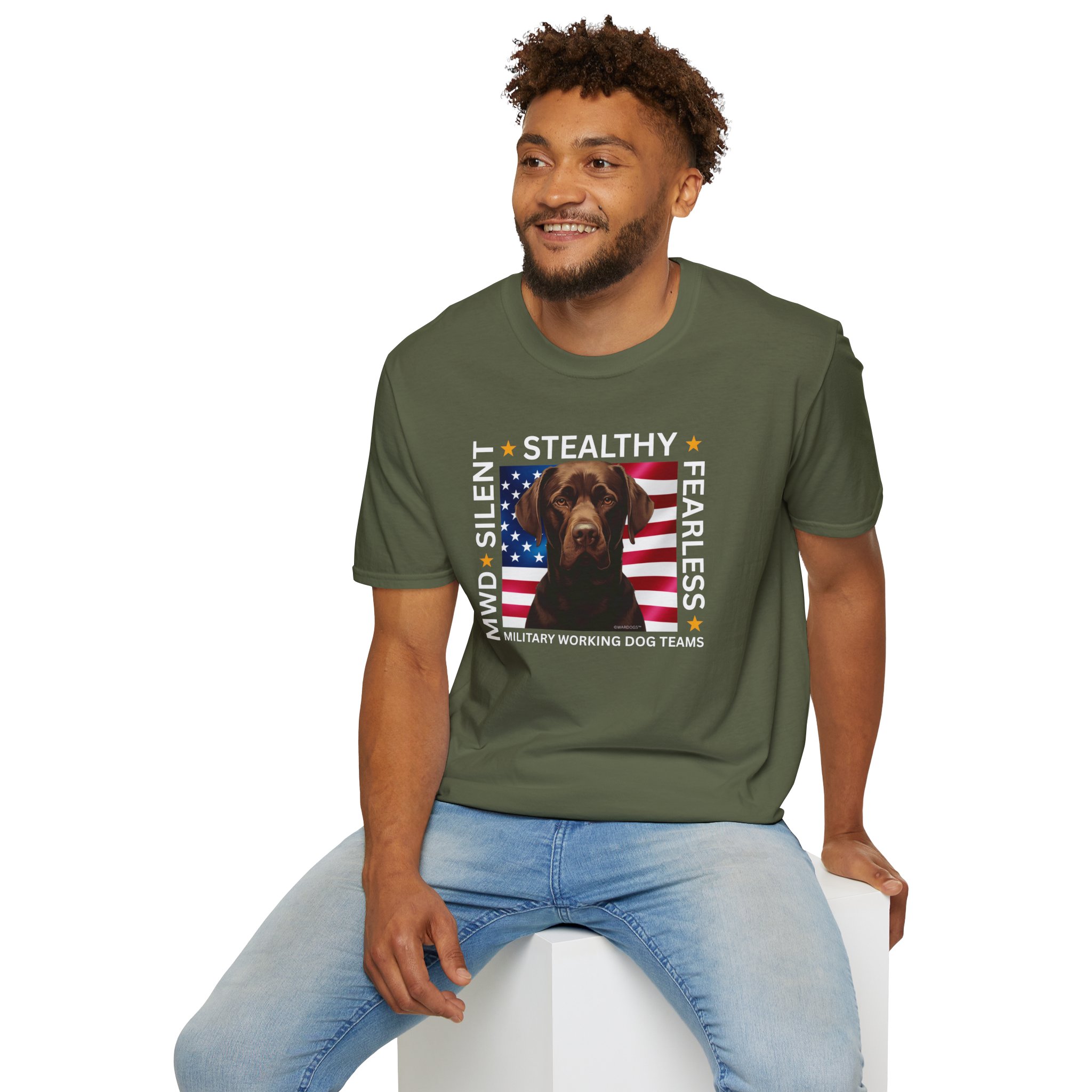 Military Working Dog T-Shirt — "MWD Silent • Stealthy • Fearless" American Flag K9 Tribute - Chocolate Lab - Image 3