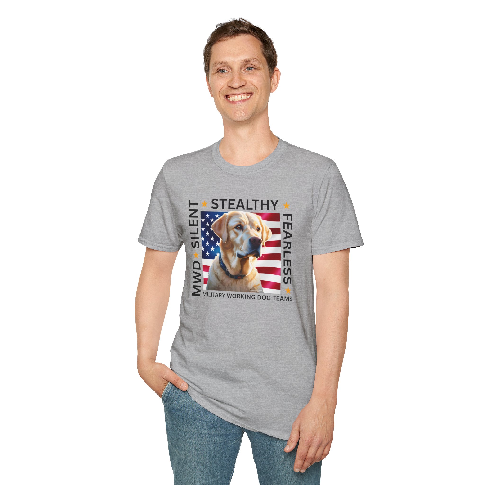 Military Working Dog T-Shirt — "MWD Silent • Stealthy • Fearless" American Flag K9 Tribute - Yellow Lab - Image 3