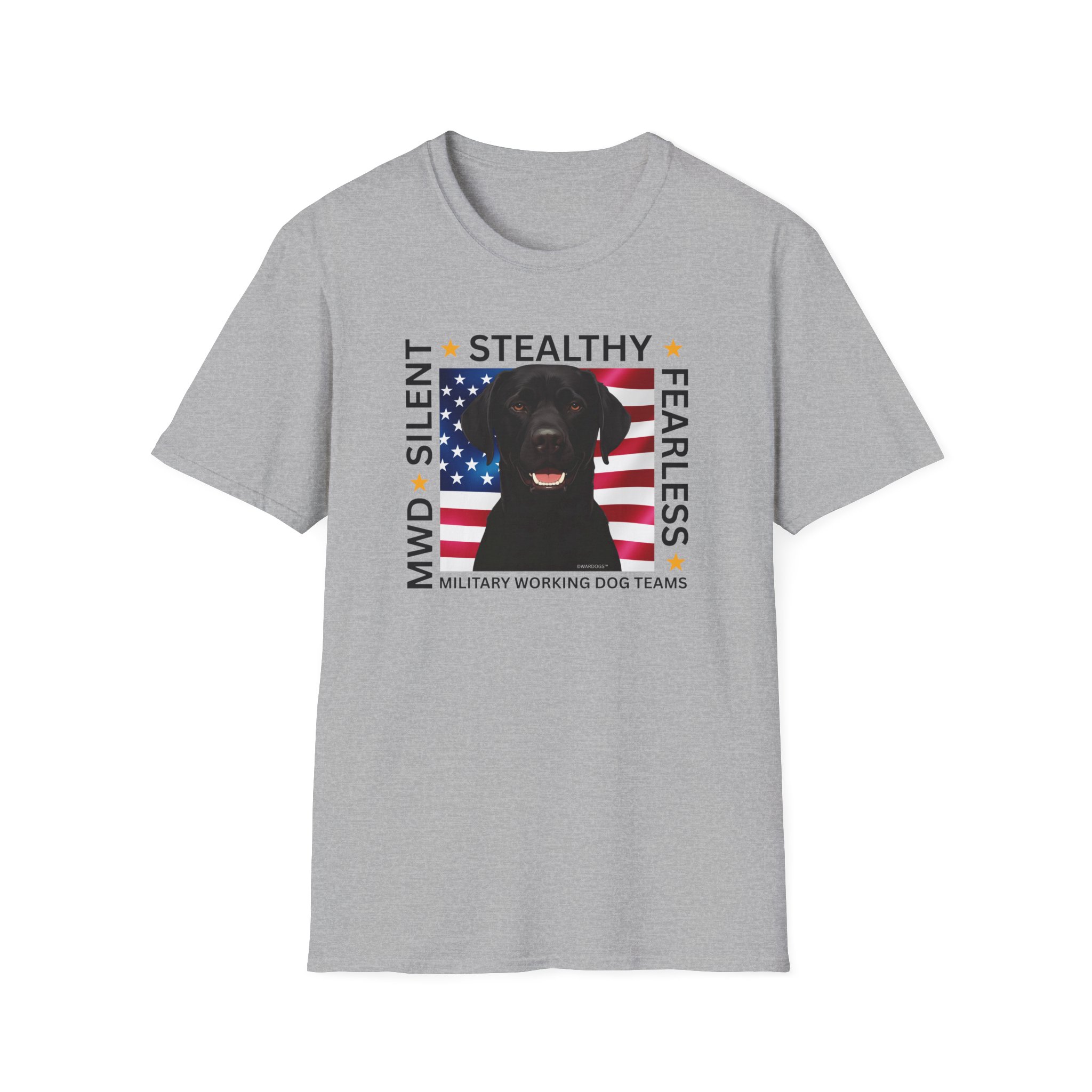 Military Working Dog T-Shirt — "MWD Silent • Stealthy • Fearless" American Flag K9 Tribute - Black Lab - Image 2