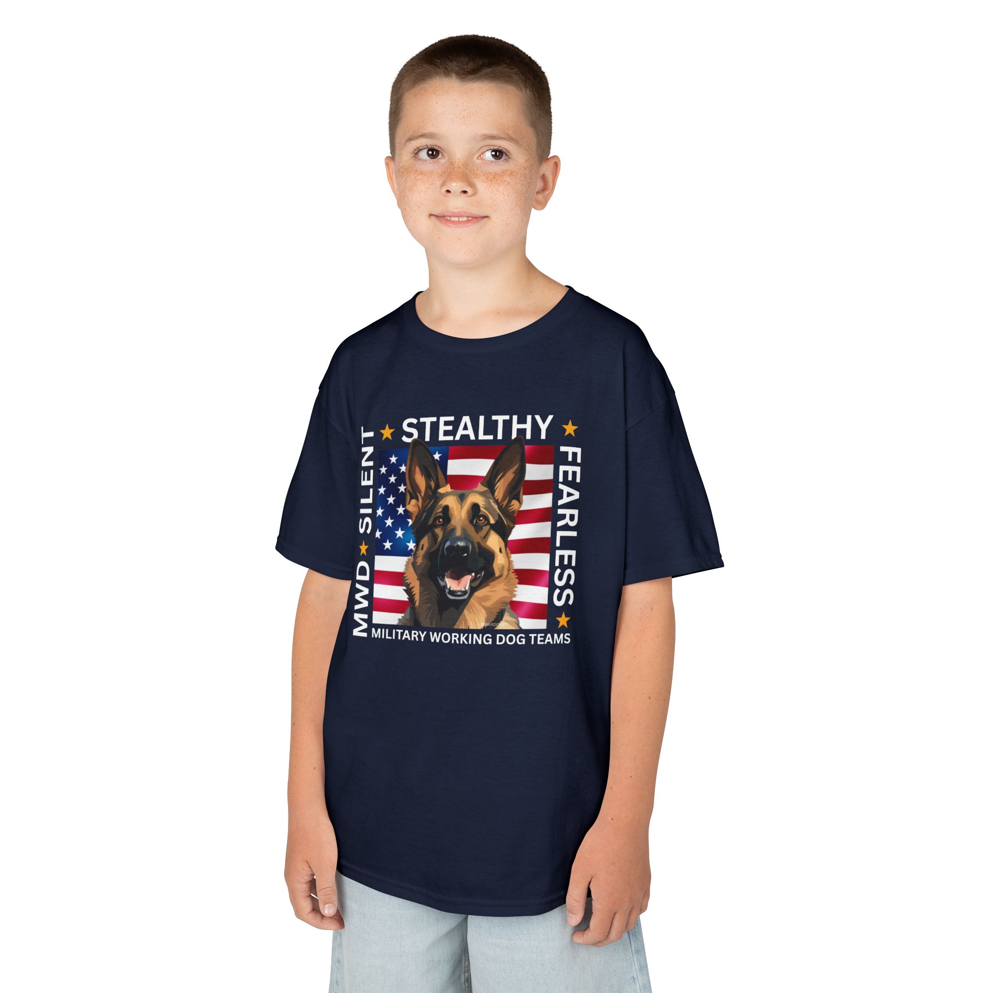 Kids Military Working Dog Tee — "Silent • Stealthy • Fearless" American Flag K9 Shirt - Image 17
