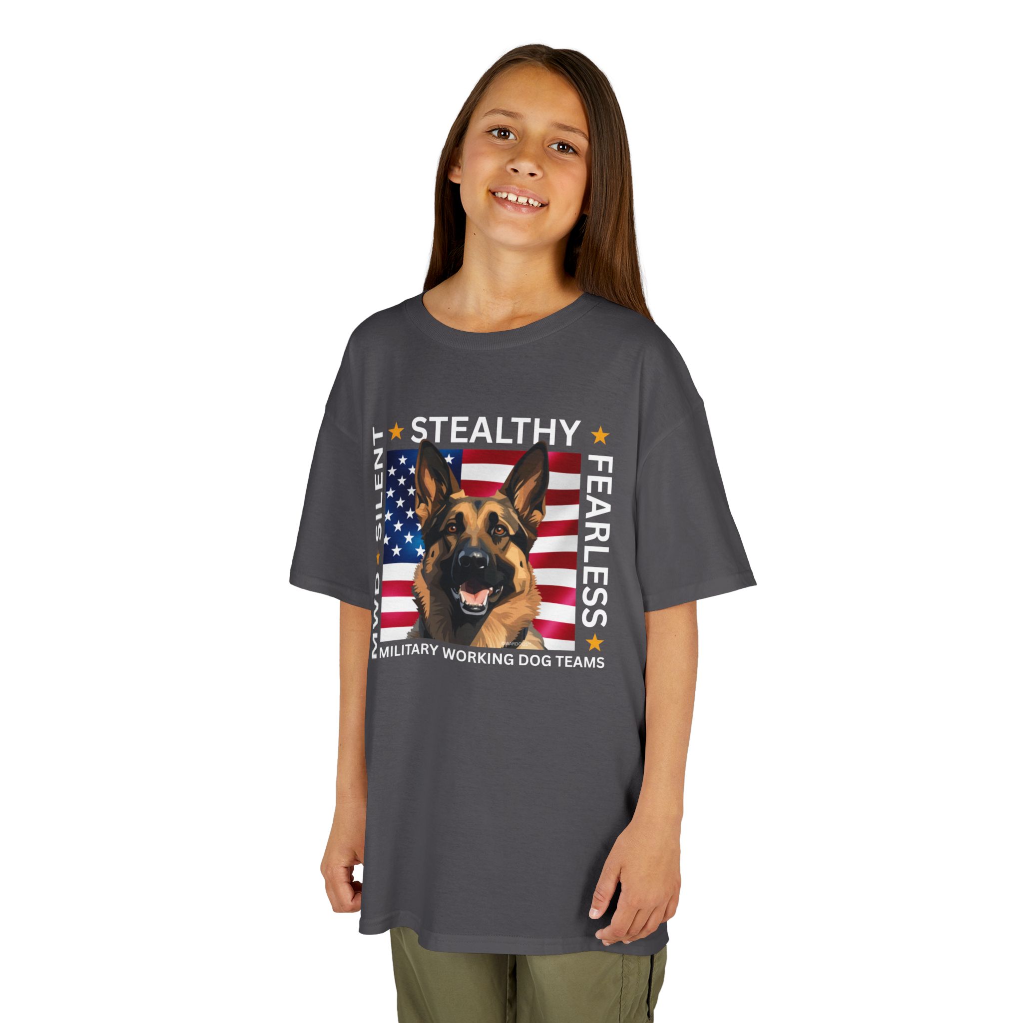 Kids Military Working Dog Tee — "Silent • Stealthy • Fearless" American Flag K9 Shirt - Image 3