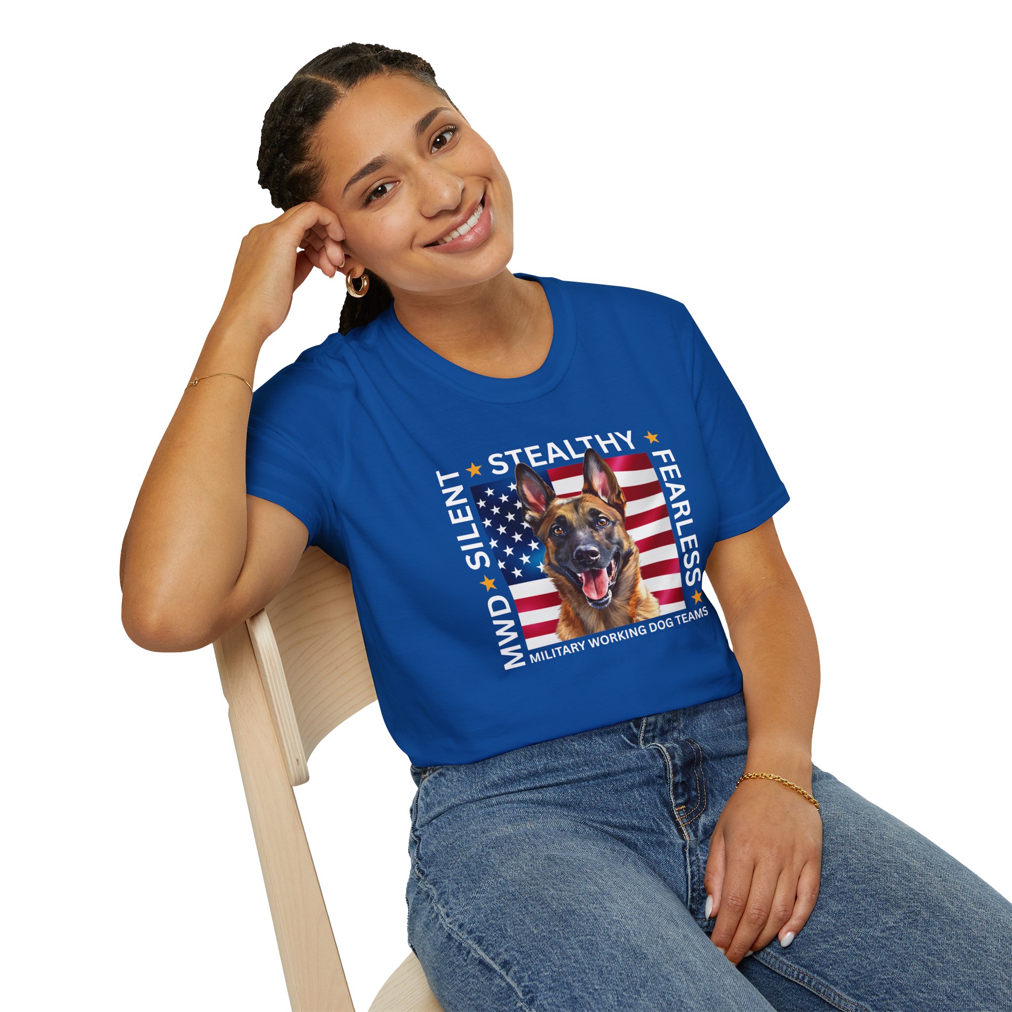 Military Working Dog T-Shirt — "MWD Silent • Stealthy • Fearless" American Flag K9 Tribute - Belgian Malinois - Image 16