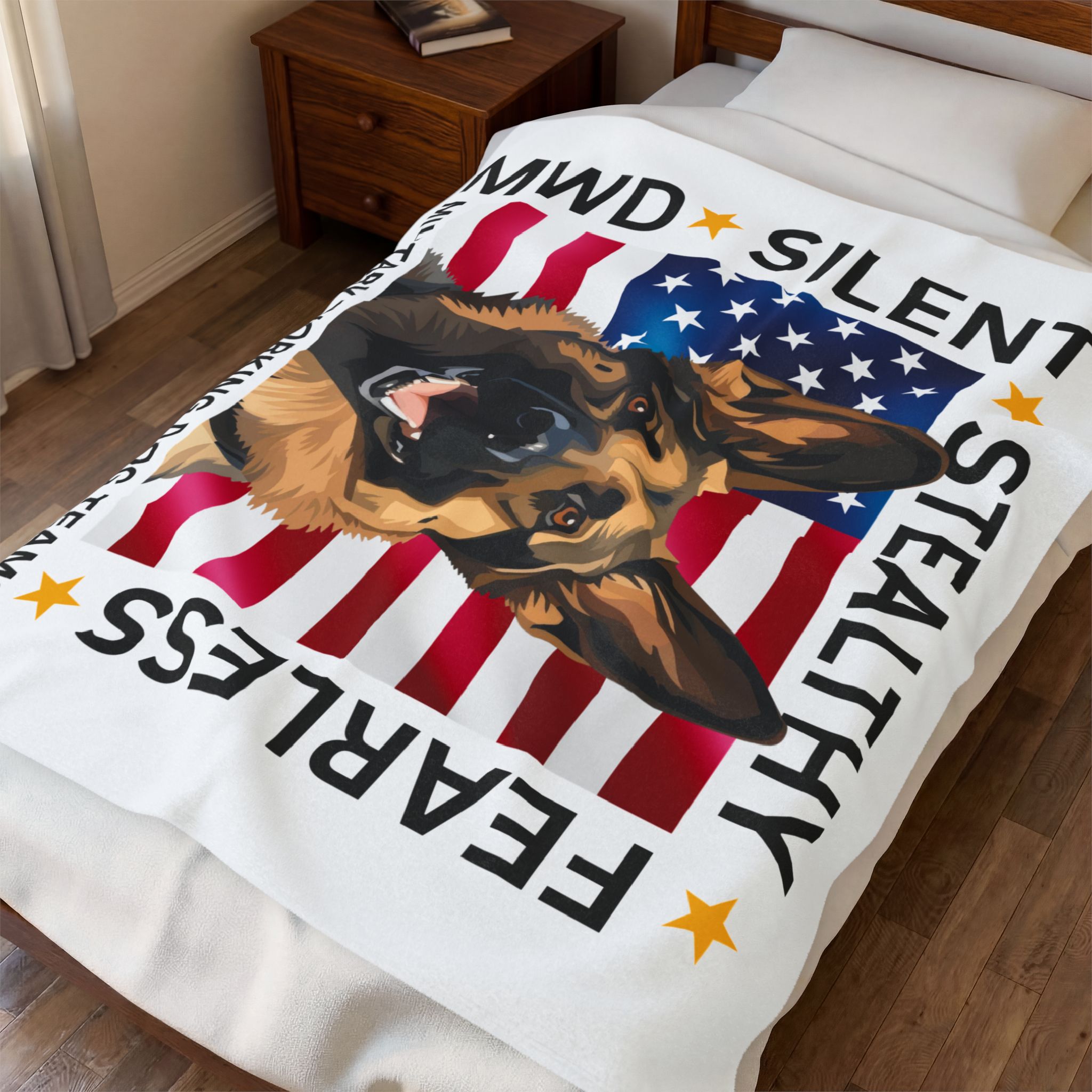 Copy of Velveteen Plush Blanket — Military Working Dog K9 Design with American Flag ("Silent, Stealthy, Fearless") - Image 3
