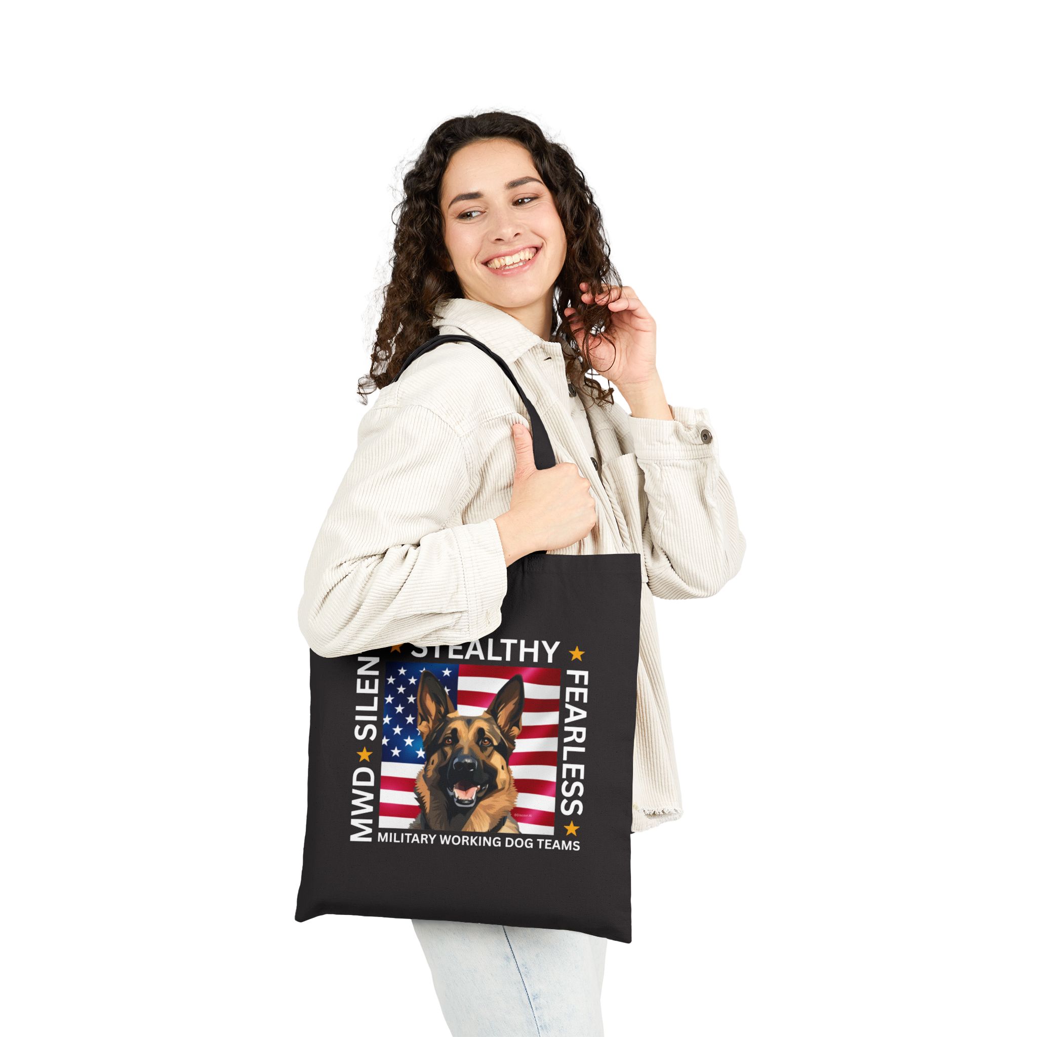 Military Working Dog Tote Bag – 'Silent • Stealthy • Fearless' American Flag Canvas Tote - Image 6