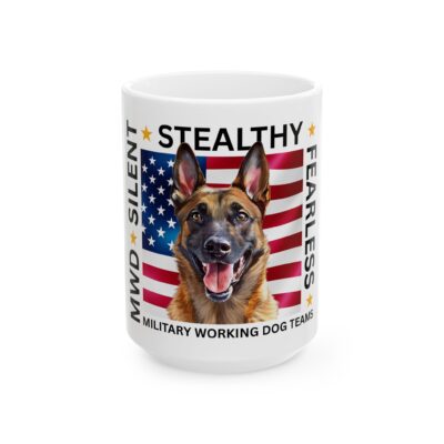 MWD “FEARLESS” Mug — Military K9 Coffee Cup (11oz/15oz) Belgian Malinois