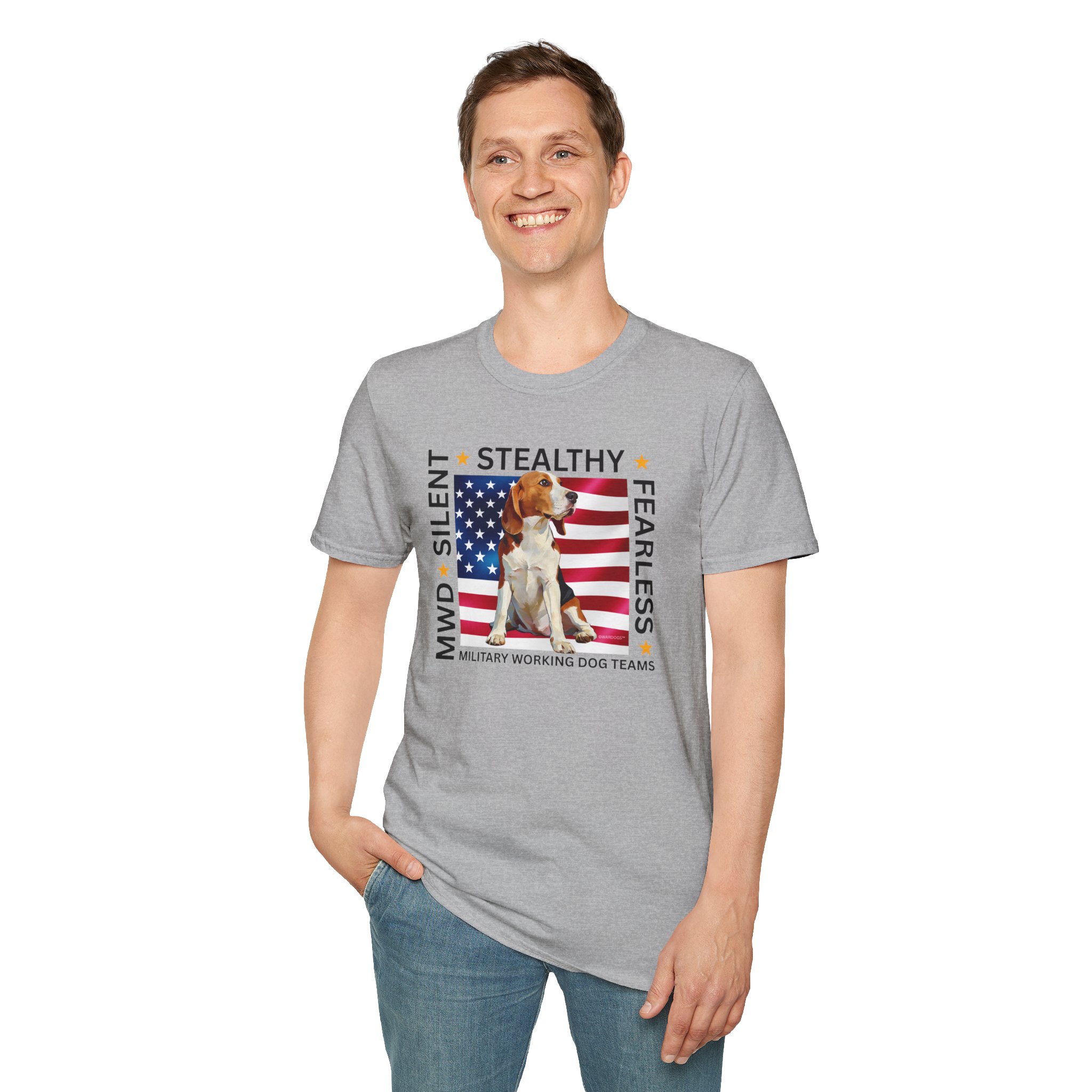 Military Working Dog T-Shirt — "MWD Silent • Stealthy • Fearless" American Flag K9 Tribute - Beagle - Image 3