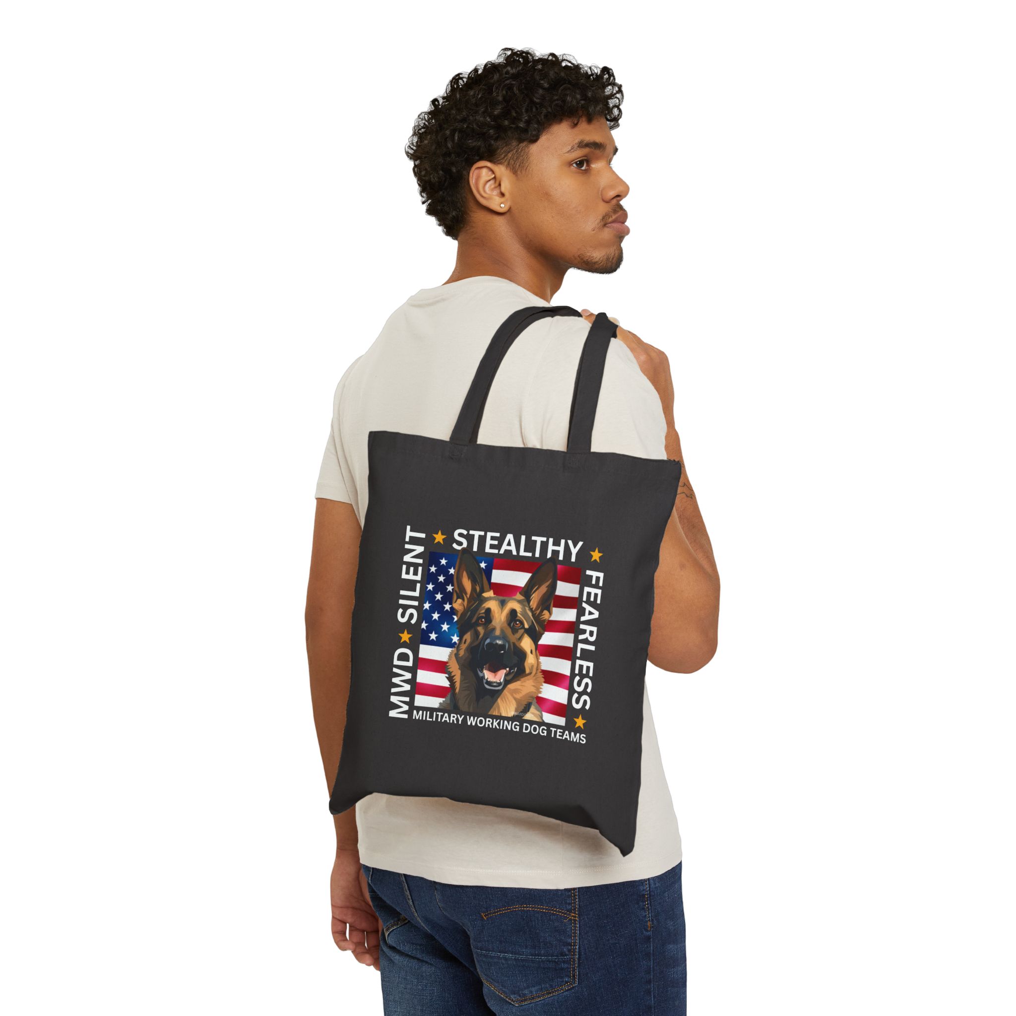 Military Working Dog Tote Bag – 'Silent • Stealthy • Fearless' American Flag Canvas Tote - Image 5