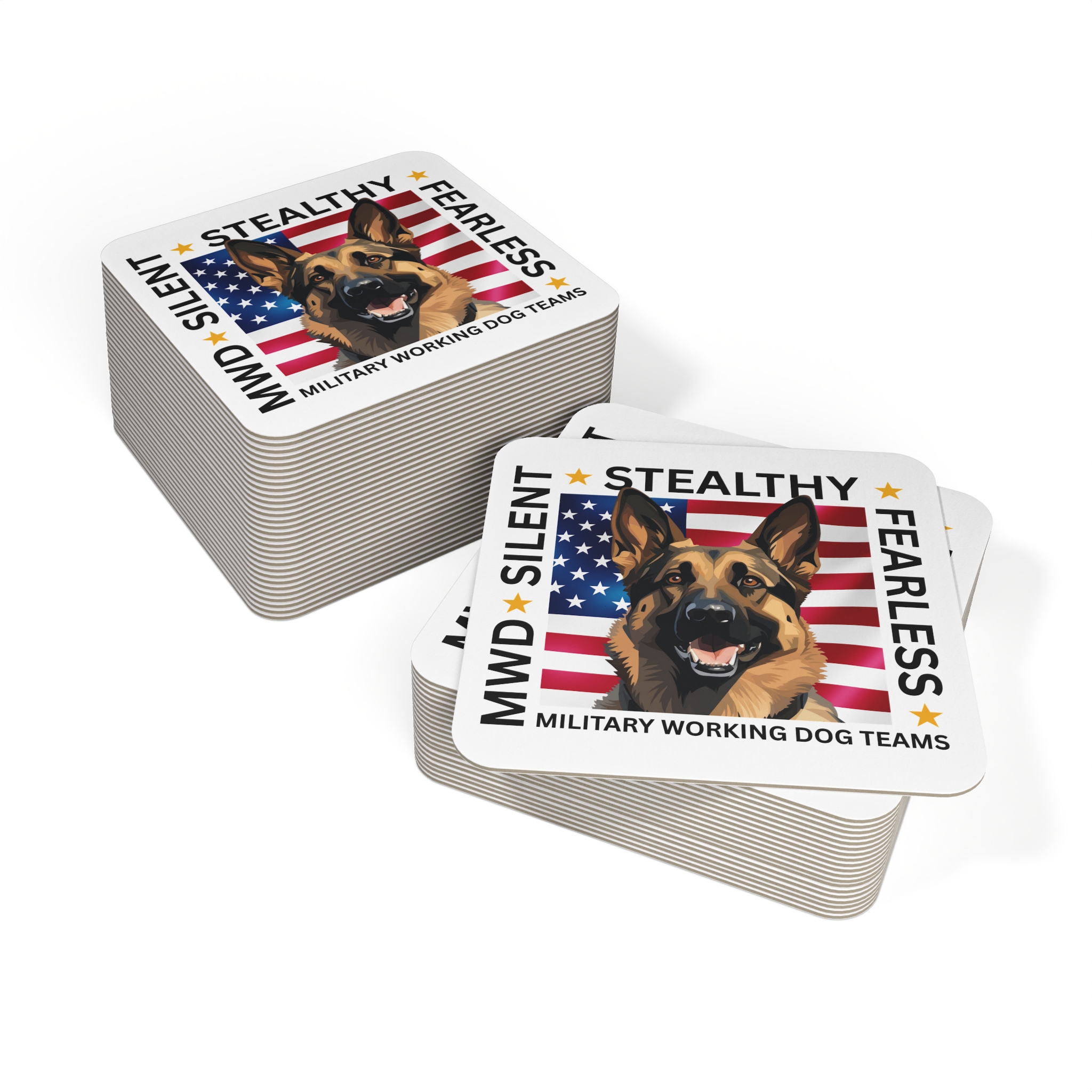 Military Working Dog Coasters – 'Silent Stealthy Fearless' German Shepherd Flag Drink Coasters (Set of 50/100) - Image 3