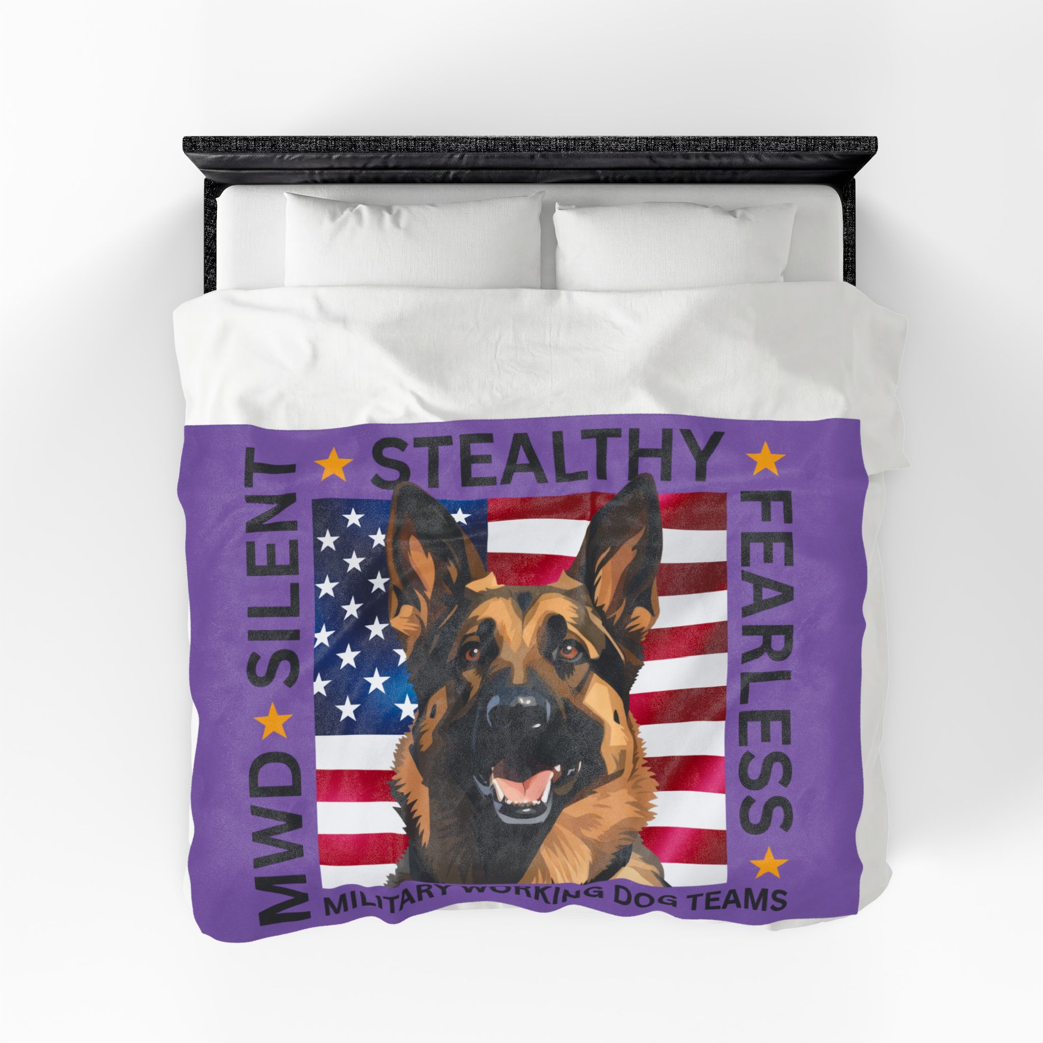 Velveteen Plush Blanket — Military Working Dog K9 Design with American Flag ("Silent, Stealthy, Fearless")