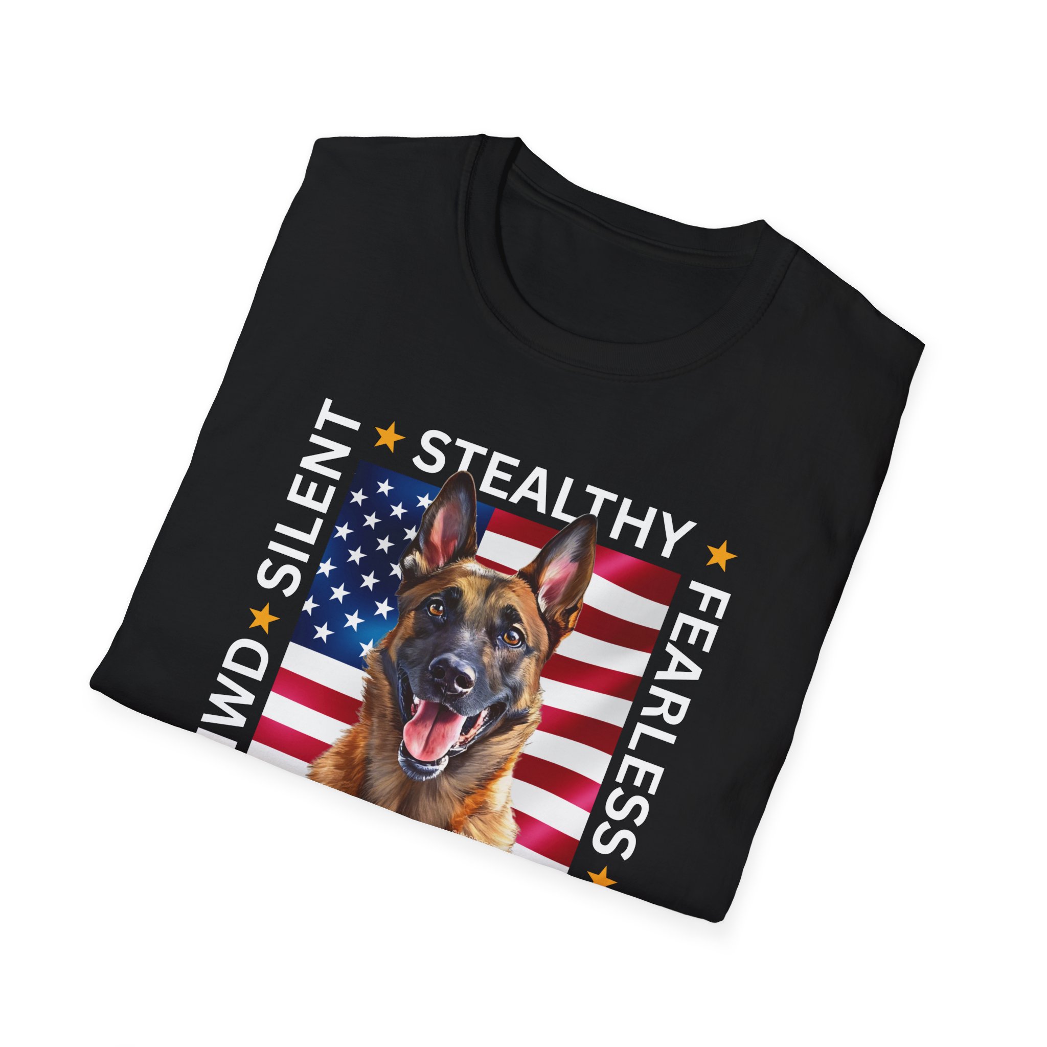 Military Working Dog T-Shirt — "MWD Silent • Stealthy • Fearless" American Flag K9 Tribute - Belgian Malinois - Image 2