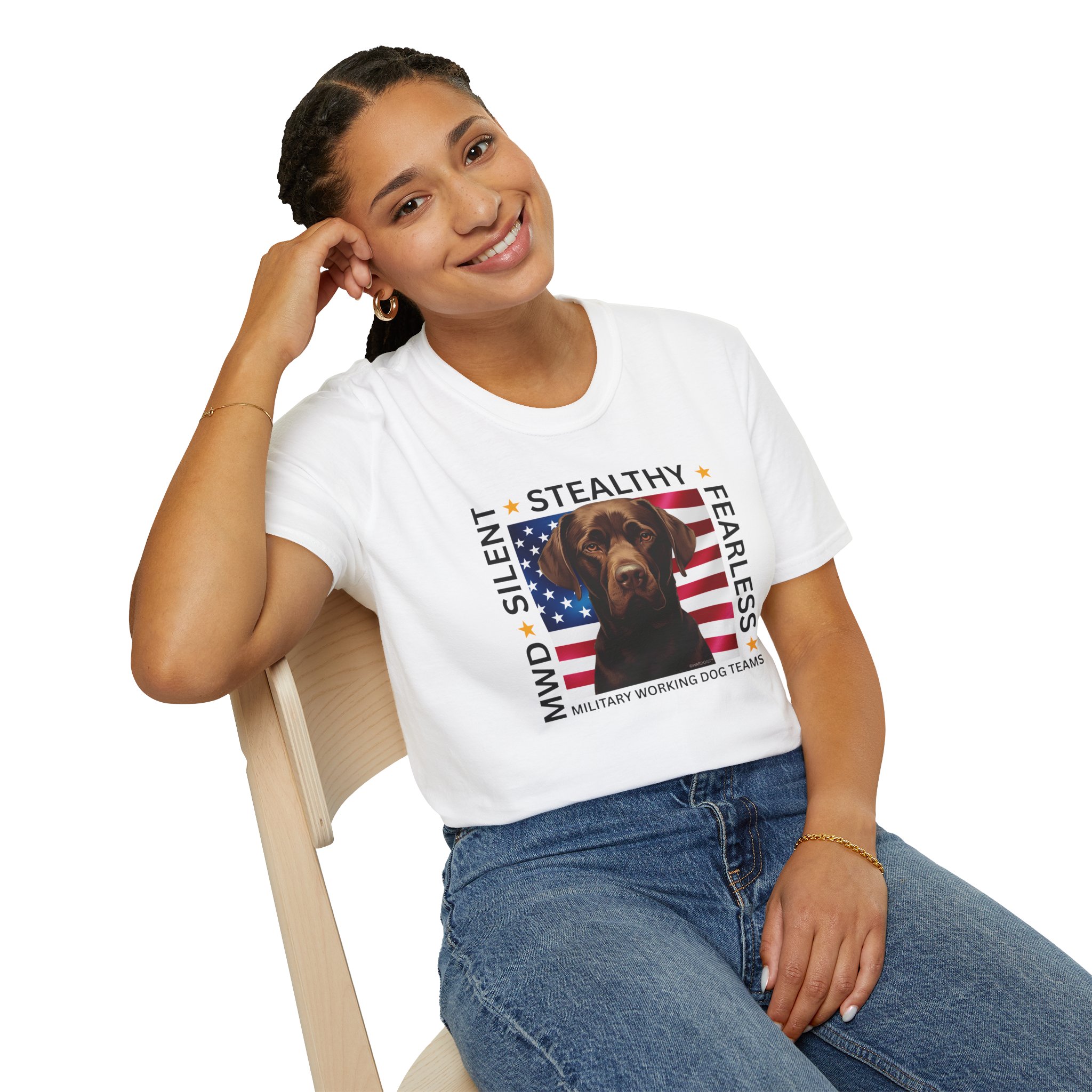 Military Working Dog T-Shirt — "MWD Silent • Stealthy • Fearless" American Flag K9 Tribute - Chocolate Lab - Image 12